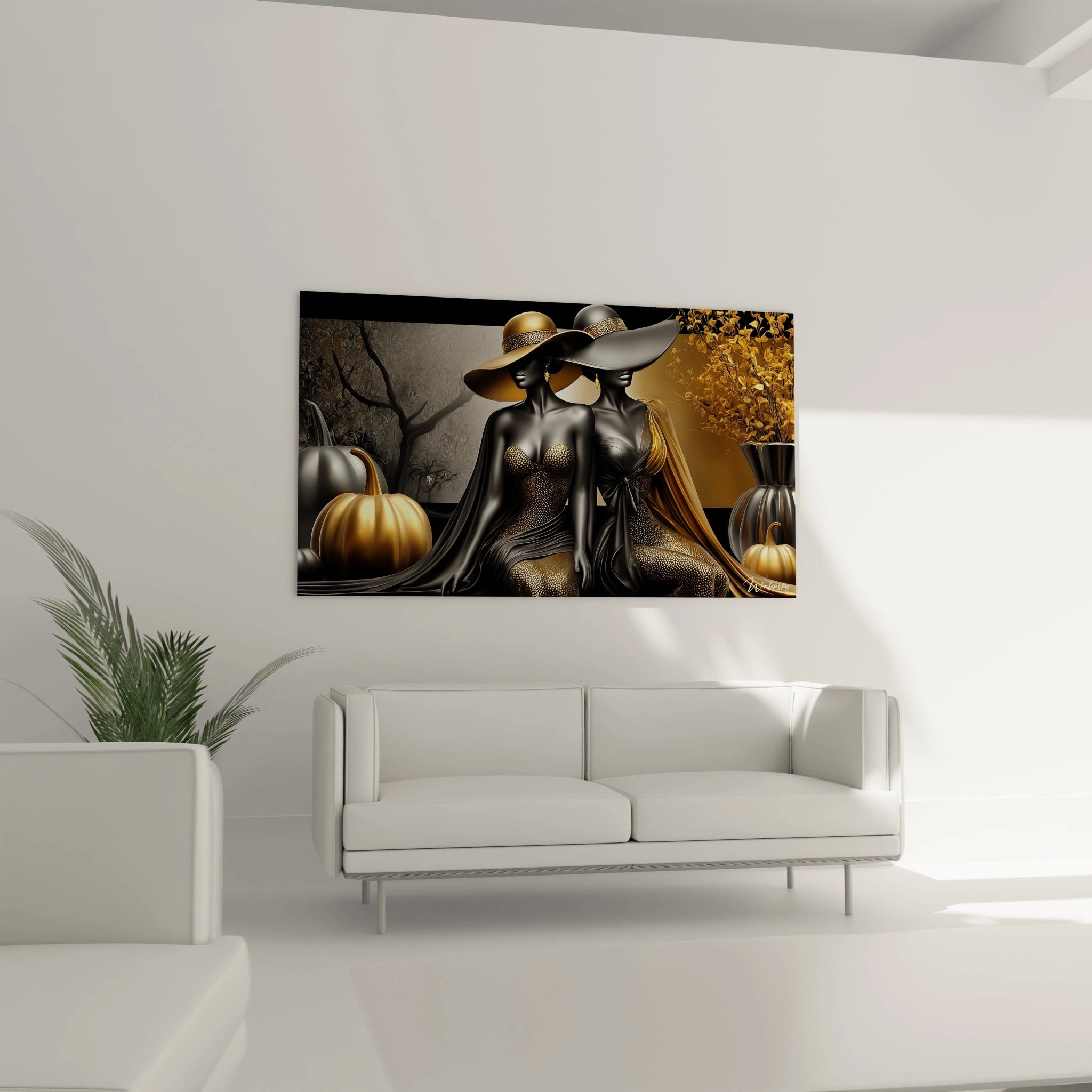 tableau sorcière halloween Walensky deux sorcières élancées chapeaux citrouilles et ambiance dorée