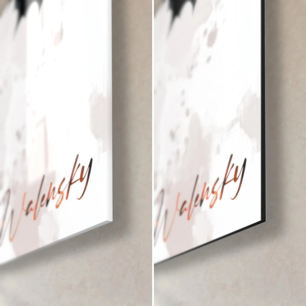 Gemälde Hexe im schwarz-orangefarbenen Tutu, untere rechte Ecke, Signatur Walensky, glänzendes Acrylglas und matte Dibond-Aluminium