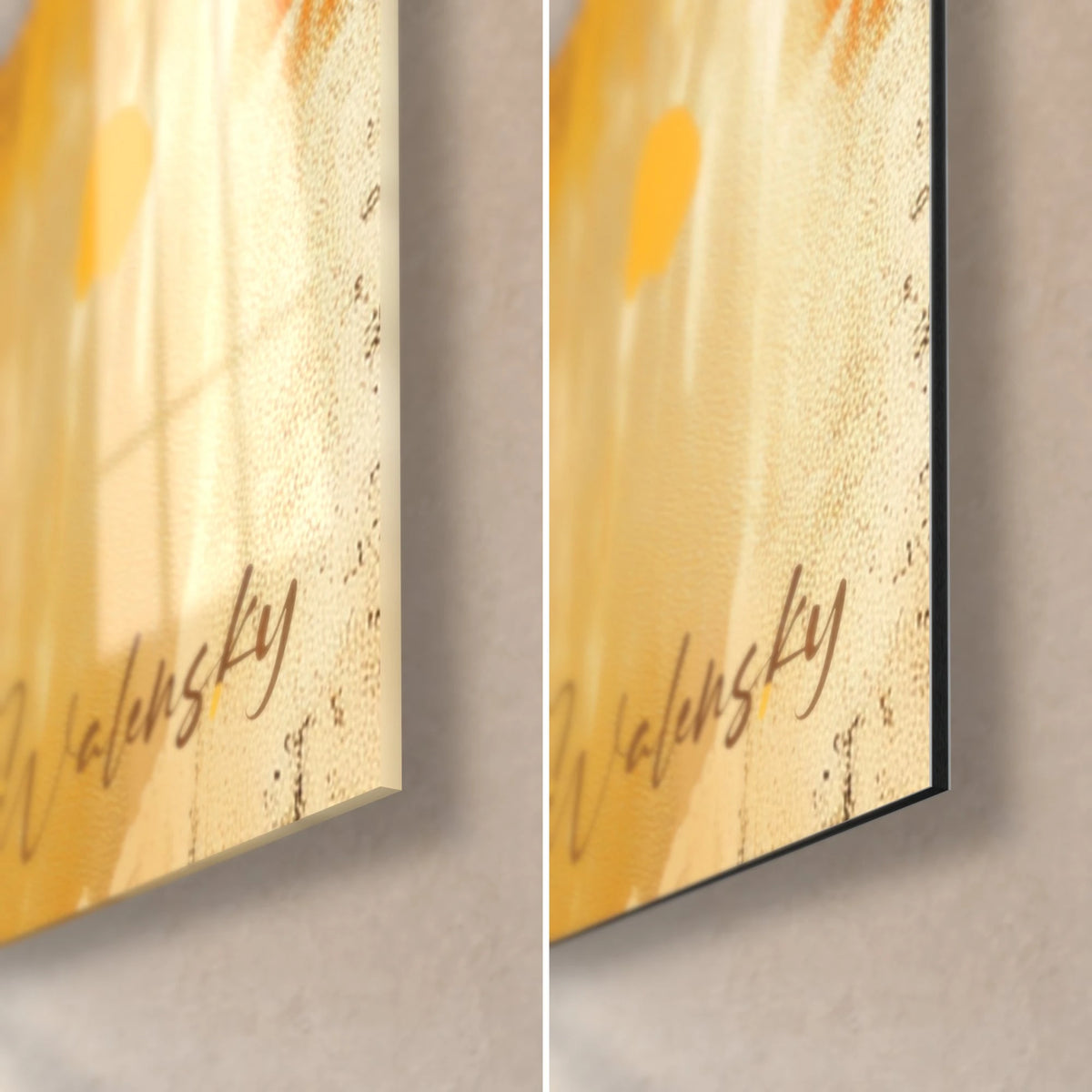 Gemälde Kinderhexe mit orangefarbenem Besen, untere rechte Ecke: glänzendes Acrylglas links, mattes Dibond-Aluminium rechts, goldene Walensky-Signatur