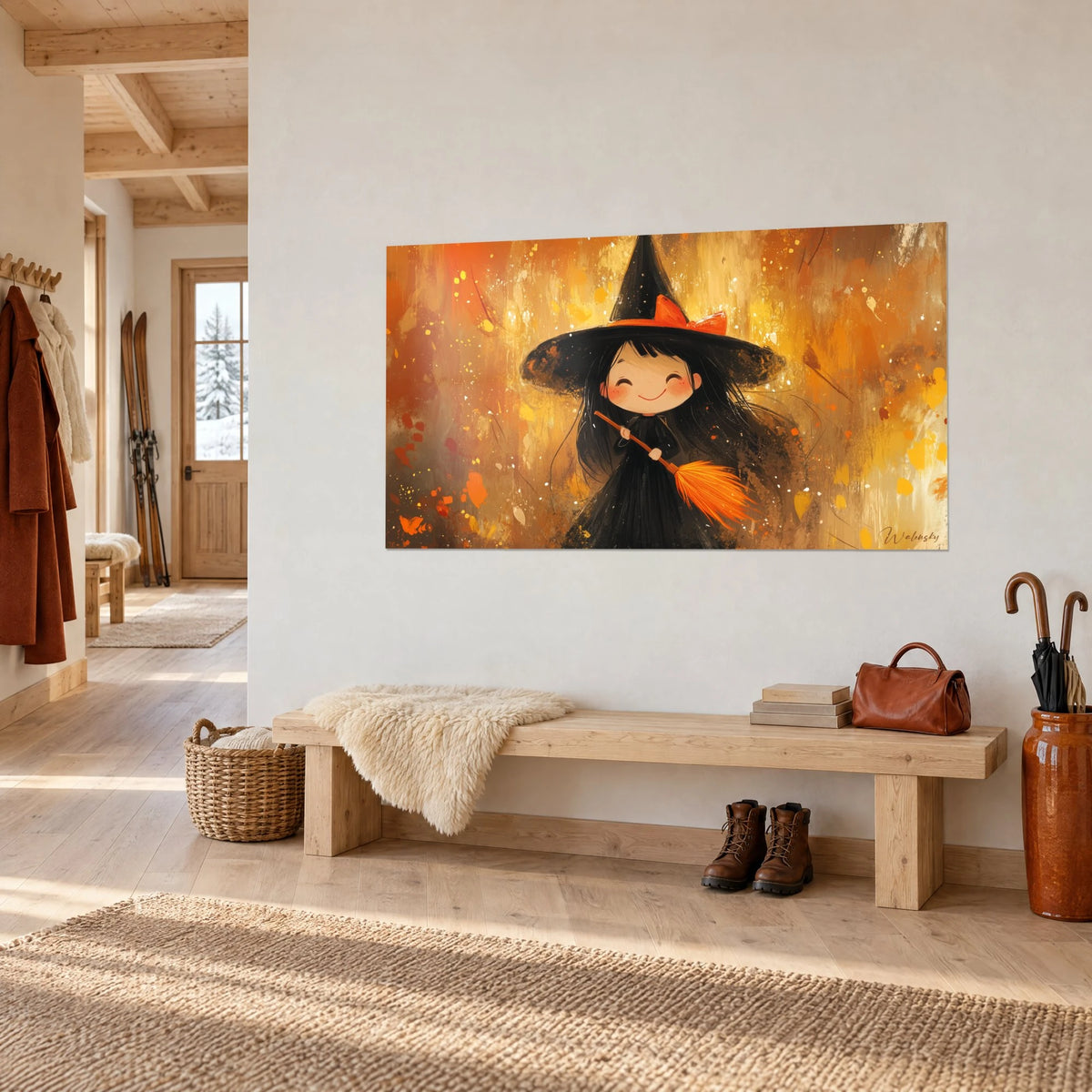Gemälde junge Zauberin mit langen schwarzen Haaren, geschlossenen Augen und rosigen Wangen, dunkles Kleid auf goldenem und orangefarbenem Grund, Eingang aus hellem Holz eines Chalets