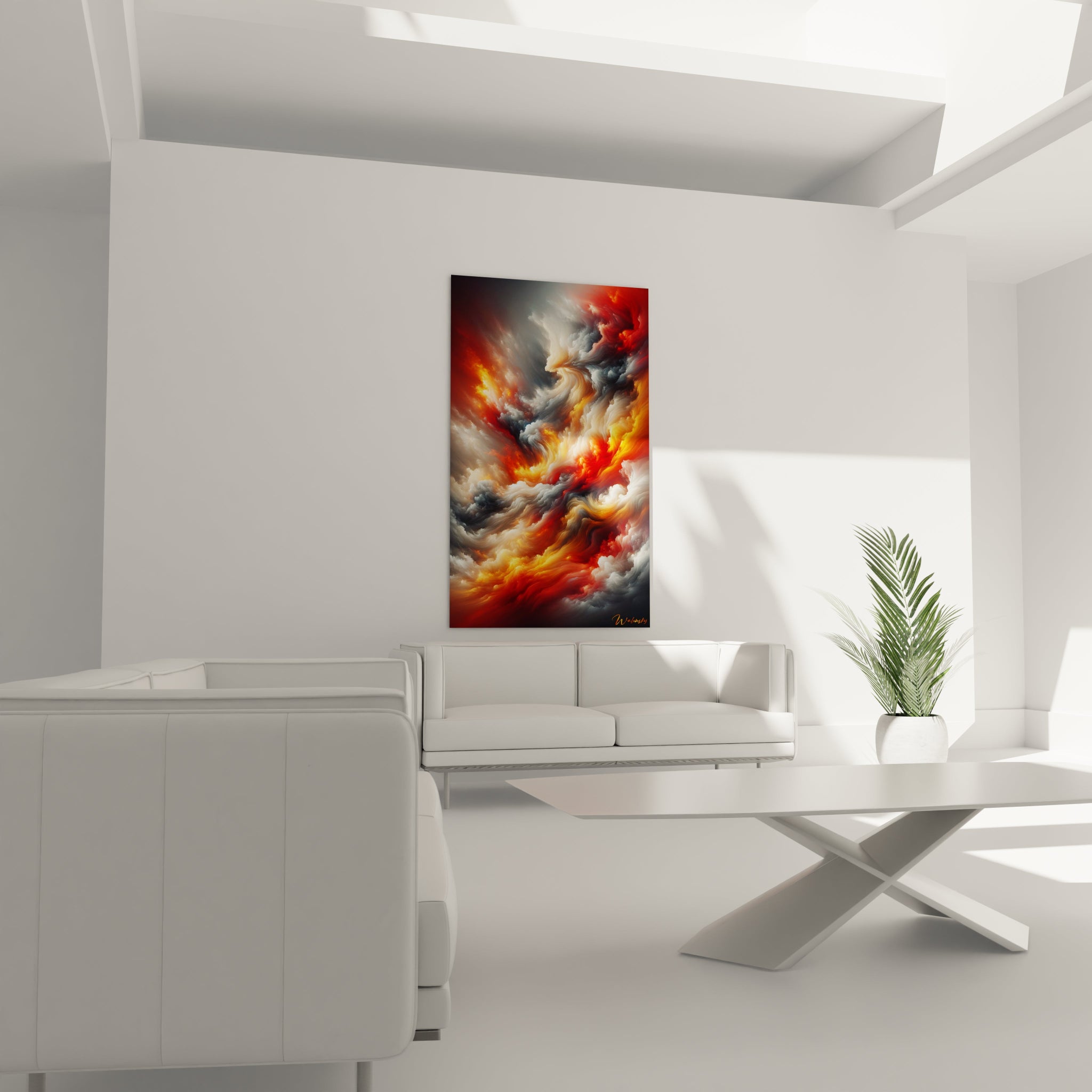 Un tableau abstrait de nuages en fusion chromatique. Les couleurs principales sont vermillon, or, blanc lumineux et bleu-gris. La texture montre des formes vaporeuses et duveteuses qui s'enroulent et se déploient dans un mouvement perpétuel, avec des transitions subtiles entre zones incandescentes et régions plus sombres, créant une impression de matière céleste en constante transformation.

