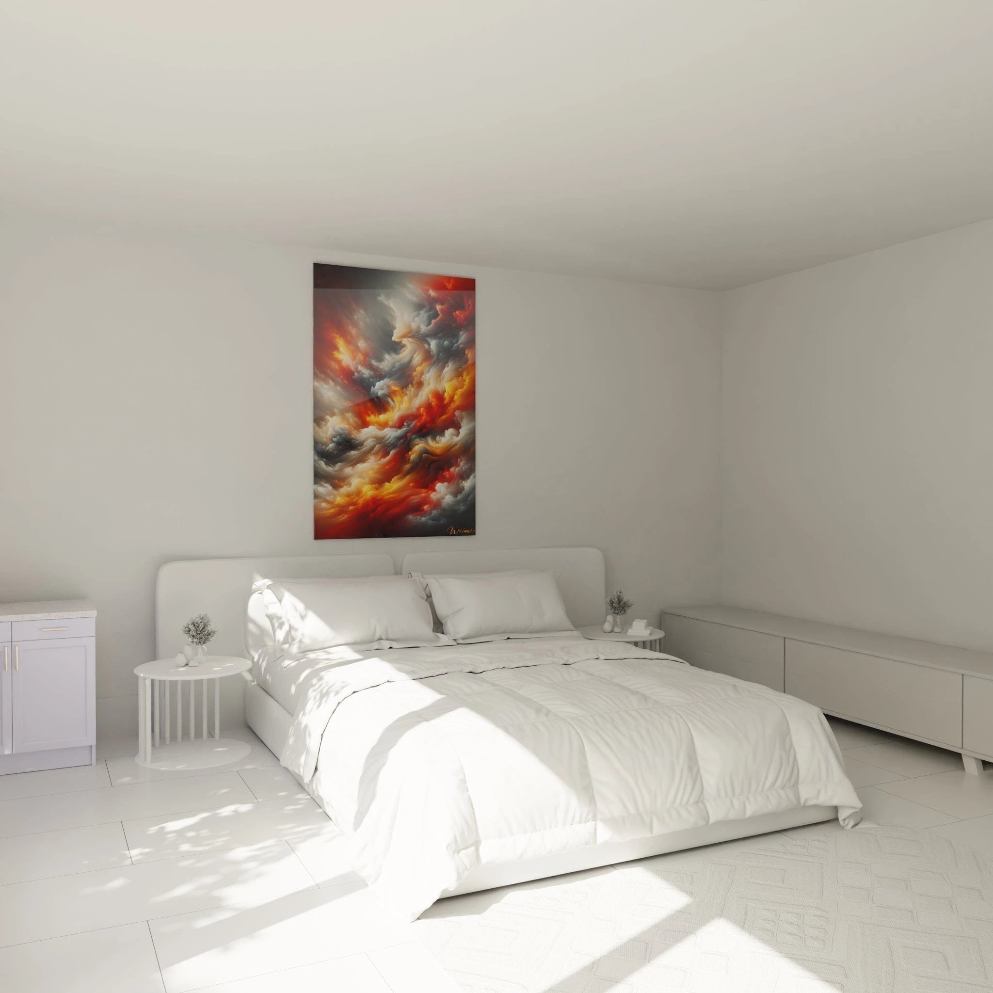 Un tableau abstrait de ciel tumultueux aux couleurs de feu. La palette associe rouge carmin, ambre doré, ivoire et gris ardoise. Les textures combinent masses tourbillonnantes et volutes onctueuses qui s'étirent et se mélangent, formant une composition mouvante où les couleurs chaudes semblent embraser les nuages plus froids, avec des effets de profondeur et de luminosité intérieure.
