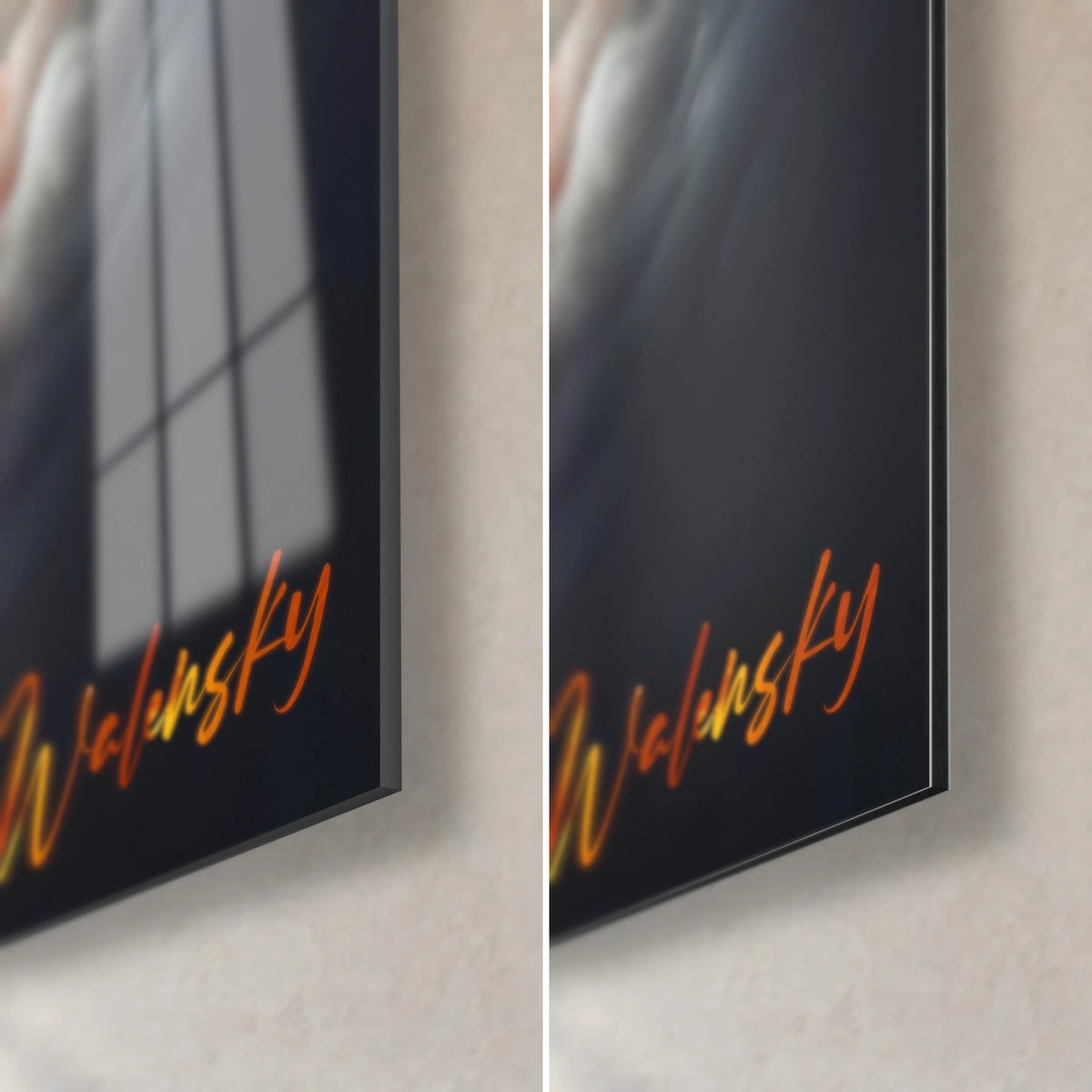Wall art glowing red and amber cloud banks, bottom right corner: glossy acrylic glass and matte Dibond aluminium, 3 mm edge