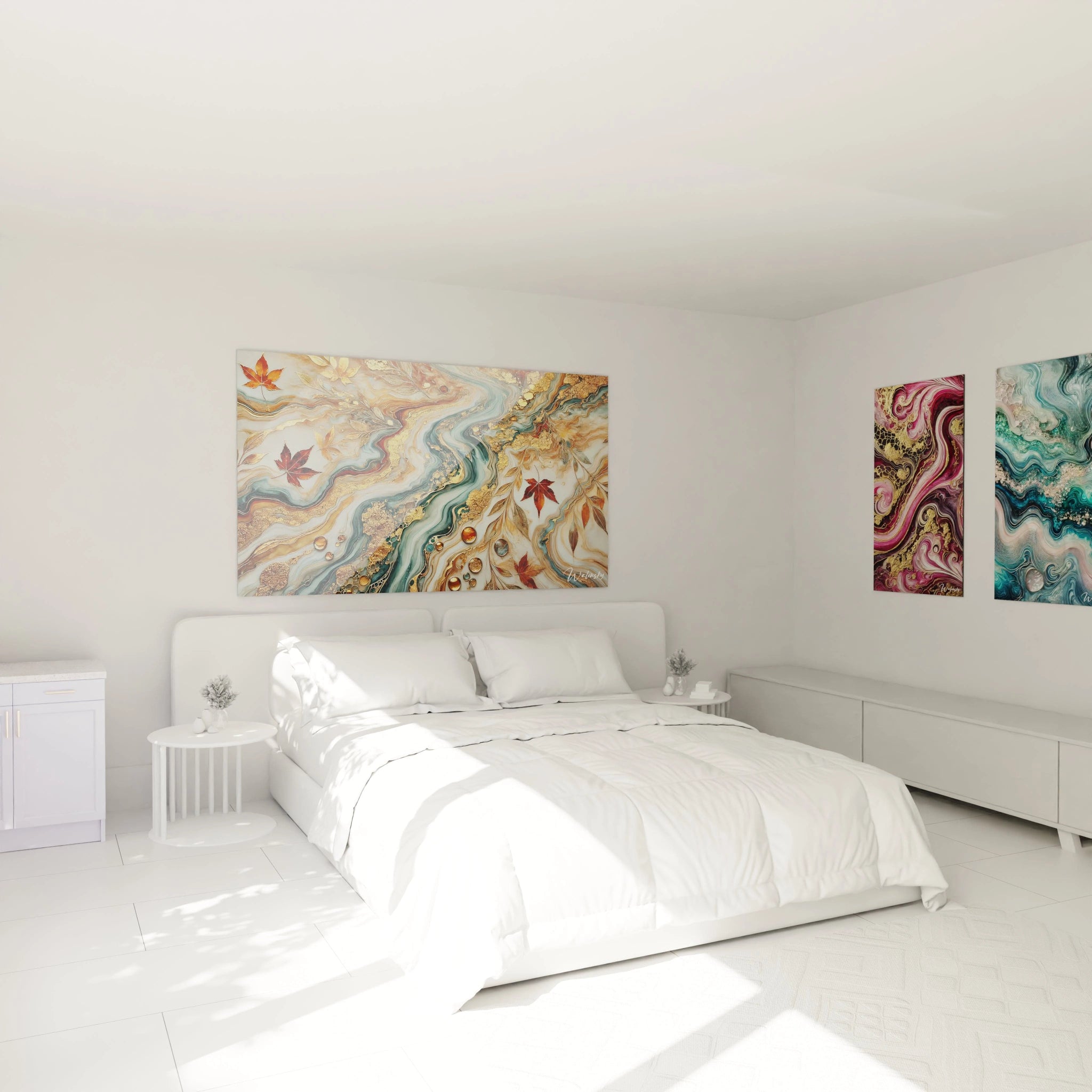 Dans une chambre apaisante, ce tableau style epoxy orne le mur au-dessus du lit. Ses couleurs dorées et chaudes créent une ambiance chaleureuse et reposante, idéale pour la détente.

