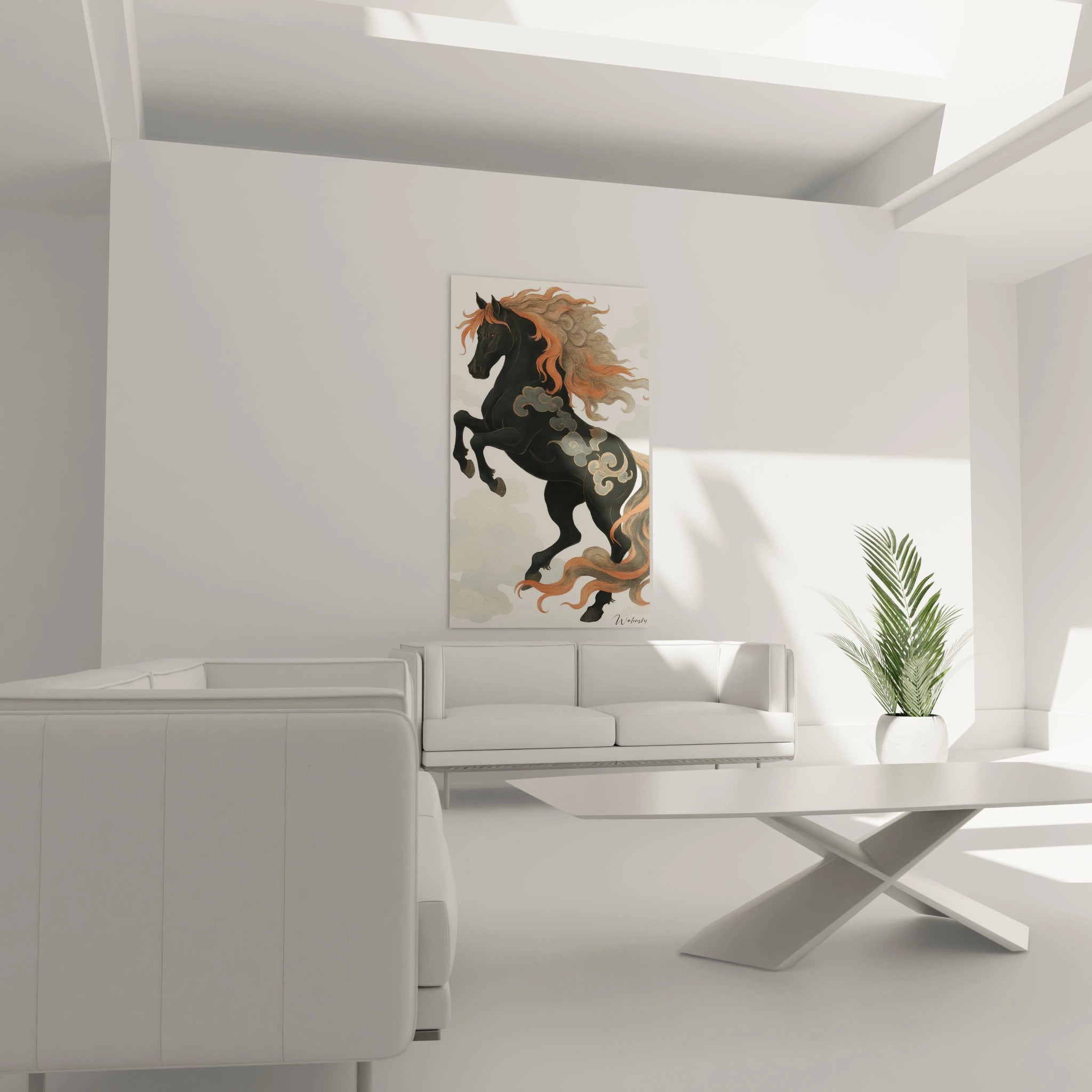 Un tableau cheval noir majestueux illustrant un destrier à la robe d'ébène, paré de motifs nuageux traditionnels sur son flanc, avec une crinière flamboyante aux tons orangés et beiges, se détachant sur un arrière-plan épuré orné de nuages stylisés.

