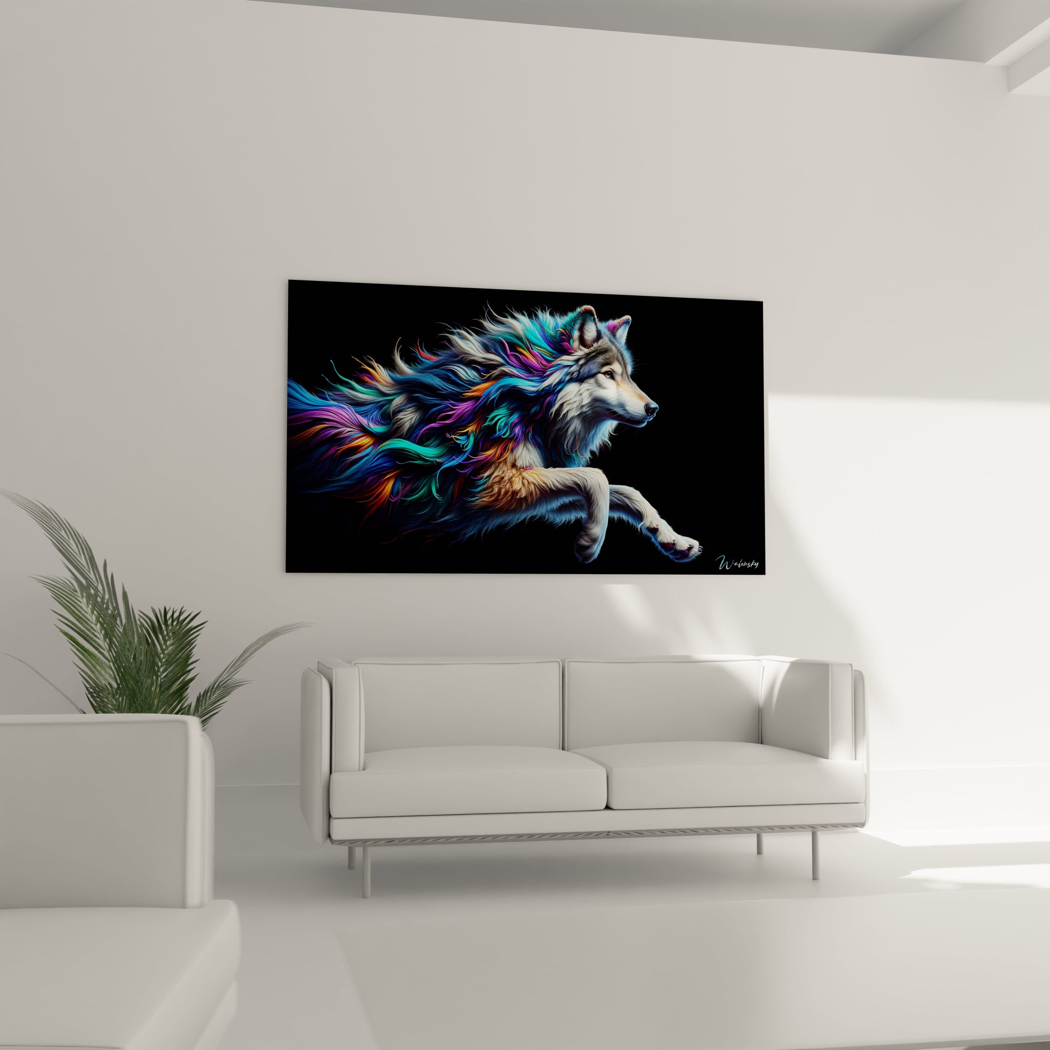 Un tableau d'animal montrant un loup en plein élan dont le pelage se métamorphose en flux multicolores. Les couleurs vives bleu, violet, turquoise et orange émanent du corps et ondulent comme des vagues. La texture soyeuse des poils blancs du museau et des pattes contraste avec les mèches colorées fluides qui s'étirent sur fond noir.
