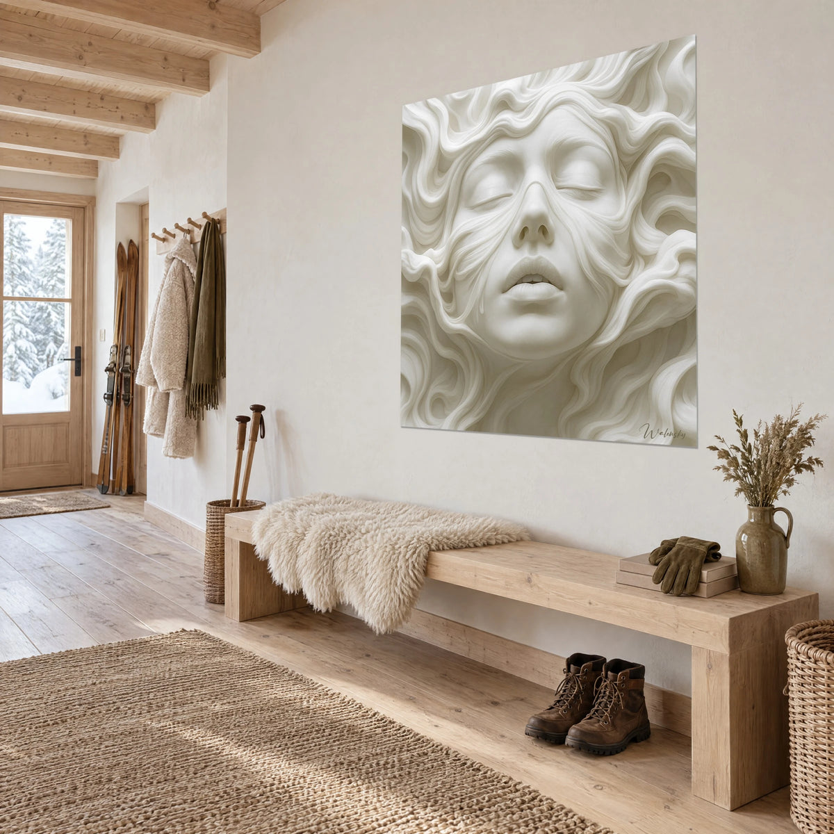 Cuadro retrato escultórico de una mujer dormida, rizos crema y sombras taupe, madera clara y piel, vista de tres cuartos en un chalet