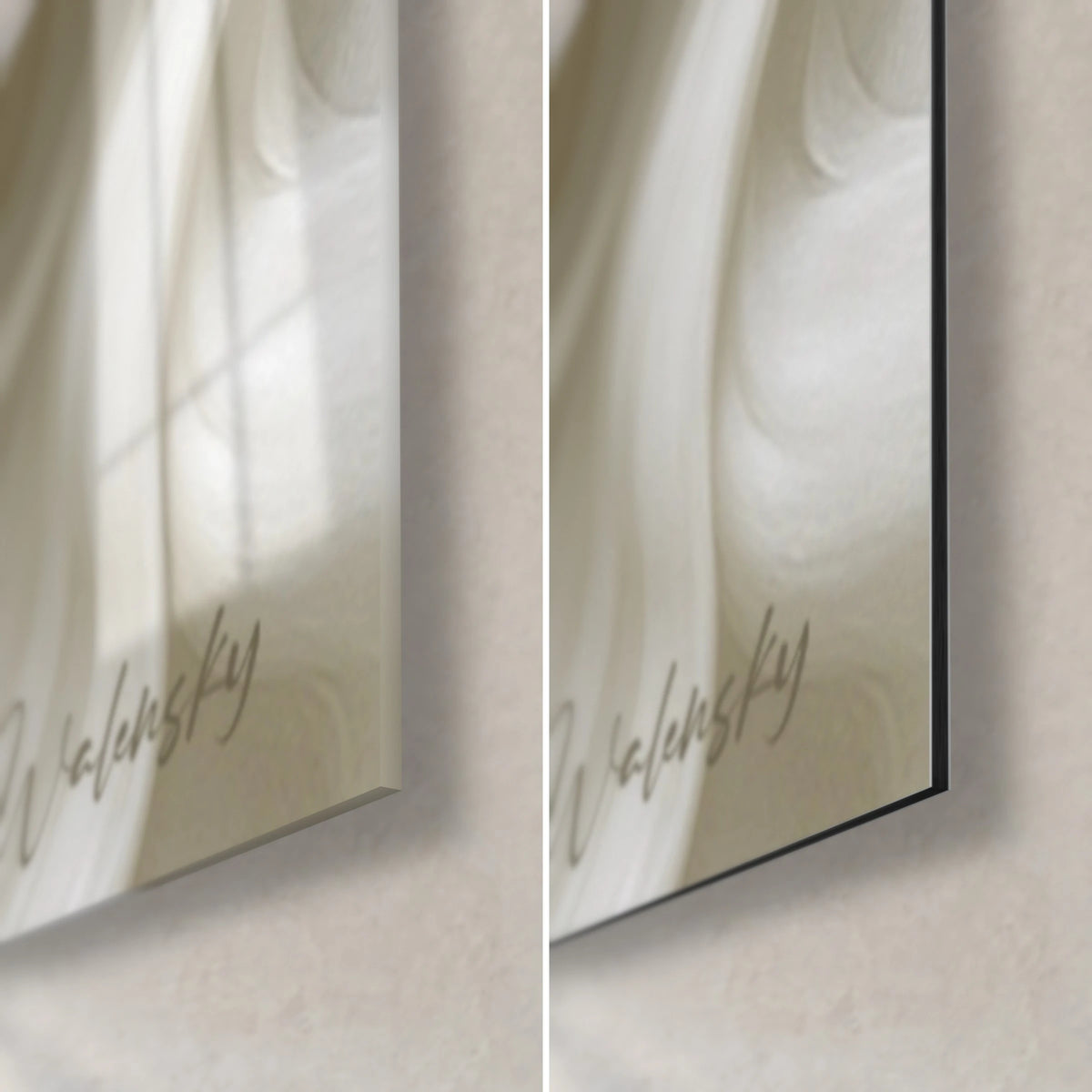 Cuadro rostro en relieve, esquina inferior derecha: cristal brillante con reflejos y Dibond mate gris verdoso, canto de 3 mm, firma Walensky