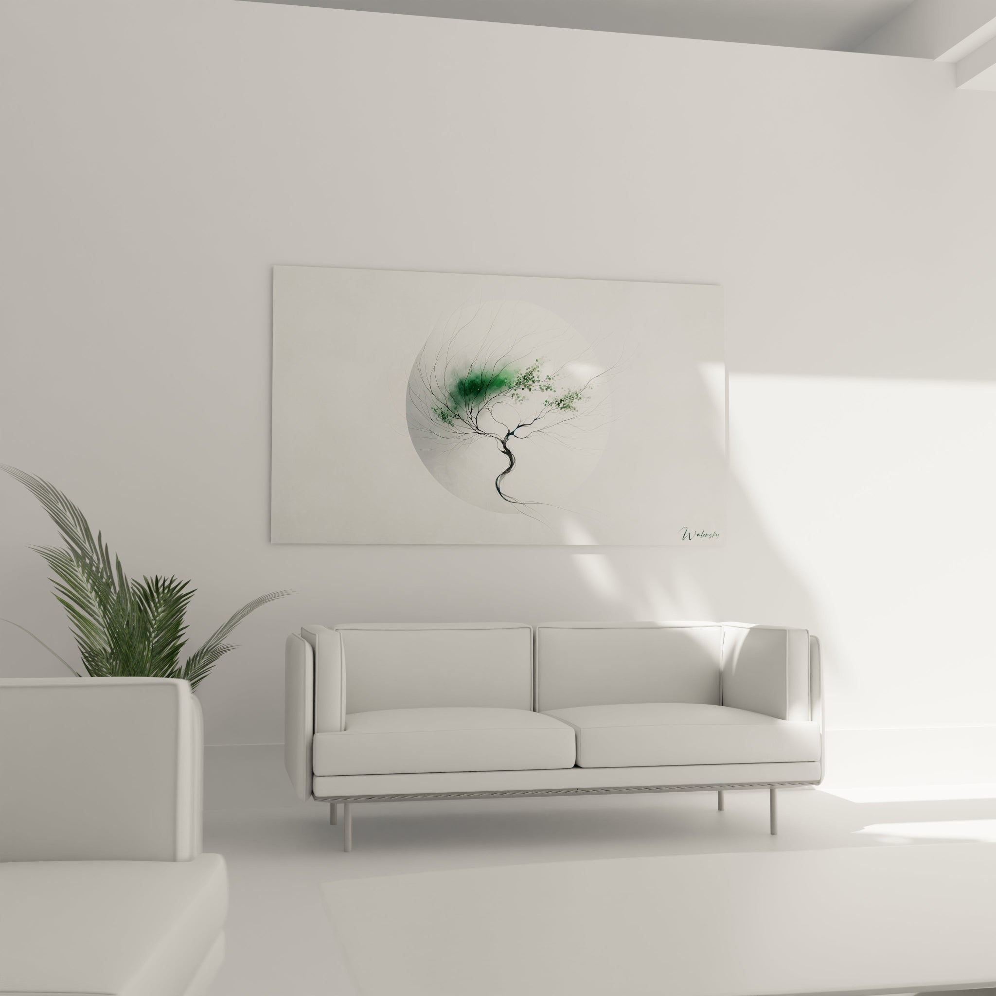 Tableau abstrait montrant un bonsaï minimaliste aux lignes épurées. Silhouette noire avec tronc ondulant et branches fines principalement nues. Quelques amas de feuillage vert pâle parsèment les extrémités des branches supérieures. Composition inscrite dans une forme circulaire aux contours flous sur fond blanc immaculé.
