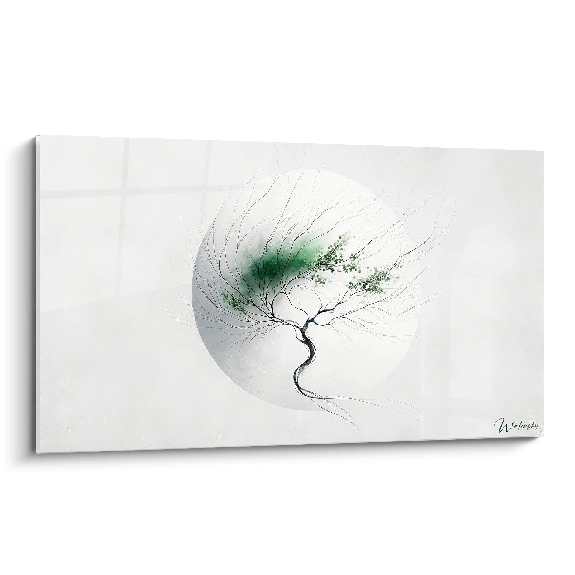 Tableau abstrait représentant un arbre gracile aux branches dénudées avec quelques feuilles vertes. Composition centrée dans un cercle gris pâle sur fond blanc. Tronc sinueux noir avec ramifications délicates s'étendant vers la droite. Feuillage minimaliste suggéré par touches vertes diaphanes et points concentrés sur certaines branches.
