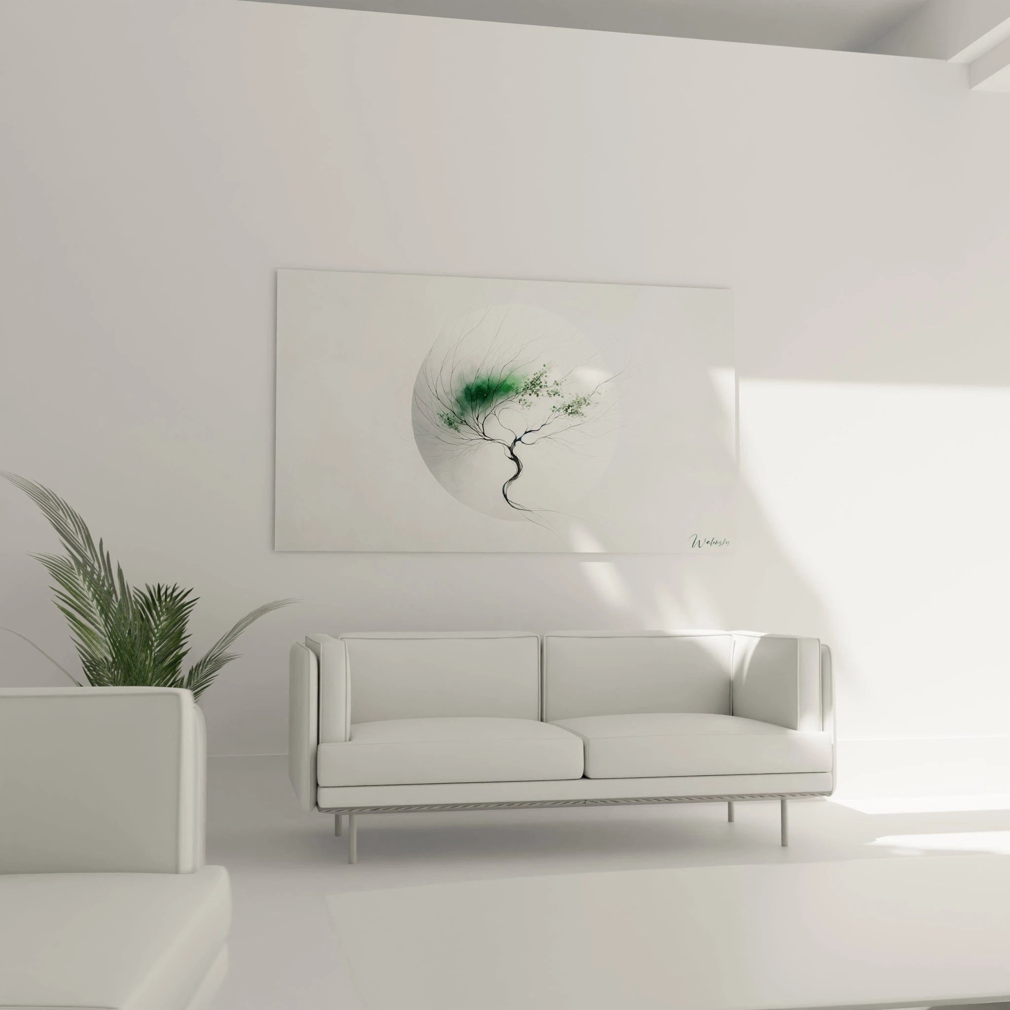 Tableau abstrait montrant un bonsaï minimaliste aux lignes épurées. Silhouette noire avec tronc ondulant et branches fines principalement nues. Quelques amas de feuillage vert pâle parsèment les extrémités des branches supérieures. Composition inscrite dans une forme circulaire aux contours flous sur fond blanc immaculé.
