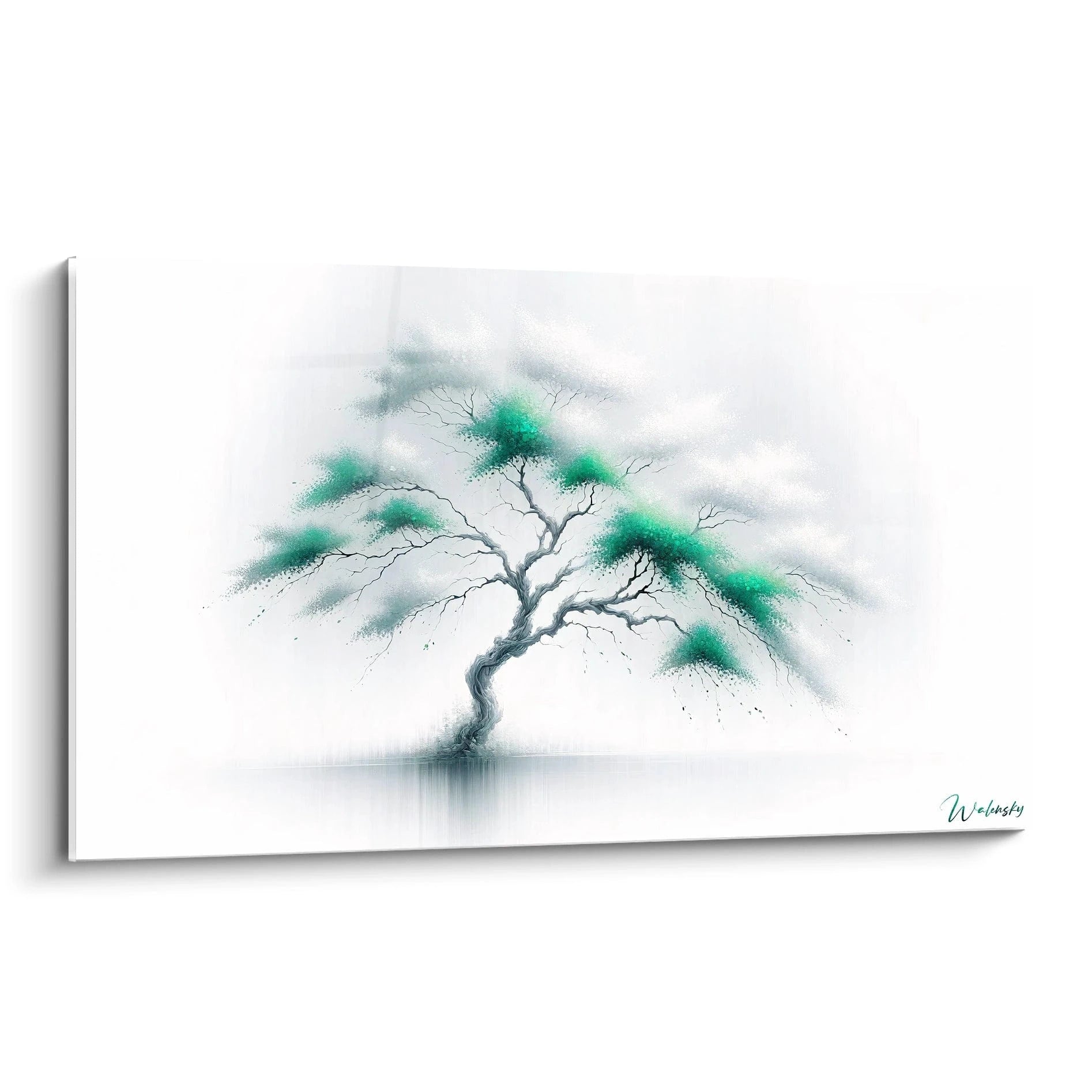 Tableau abstrait représentant un arbre solitaire aux branches tordues sur fond blanc brumeux. Tronc gris sinueux avec ramifications délicates s'étendant latéralement. Feuillage suggéré par touches vaporeuses vert émeraude concentrées sur certaines branches. Composition centrée avec reflet estompé dans l'eau à la base et effet atmosphérique créant une impression de brume légère.
