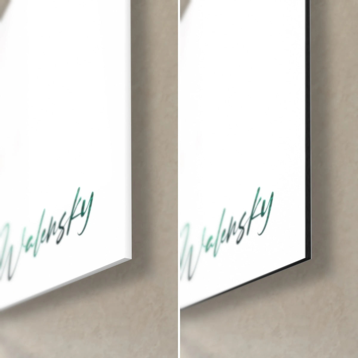 Tableau arbre minimaliste vert émeraude et blanc, coin bas droit : signature Walensky, verre brillant à gauche, Dibond noir mat