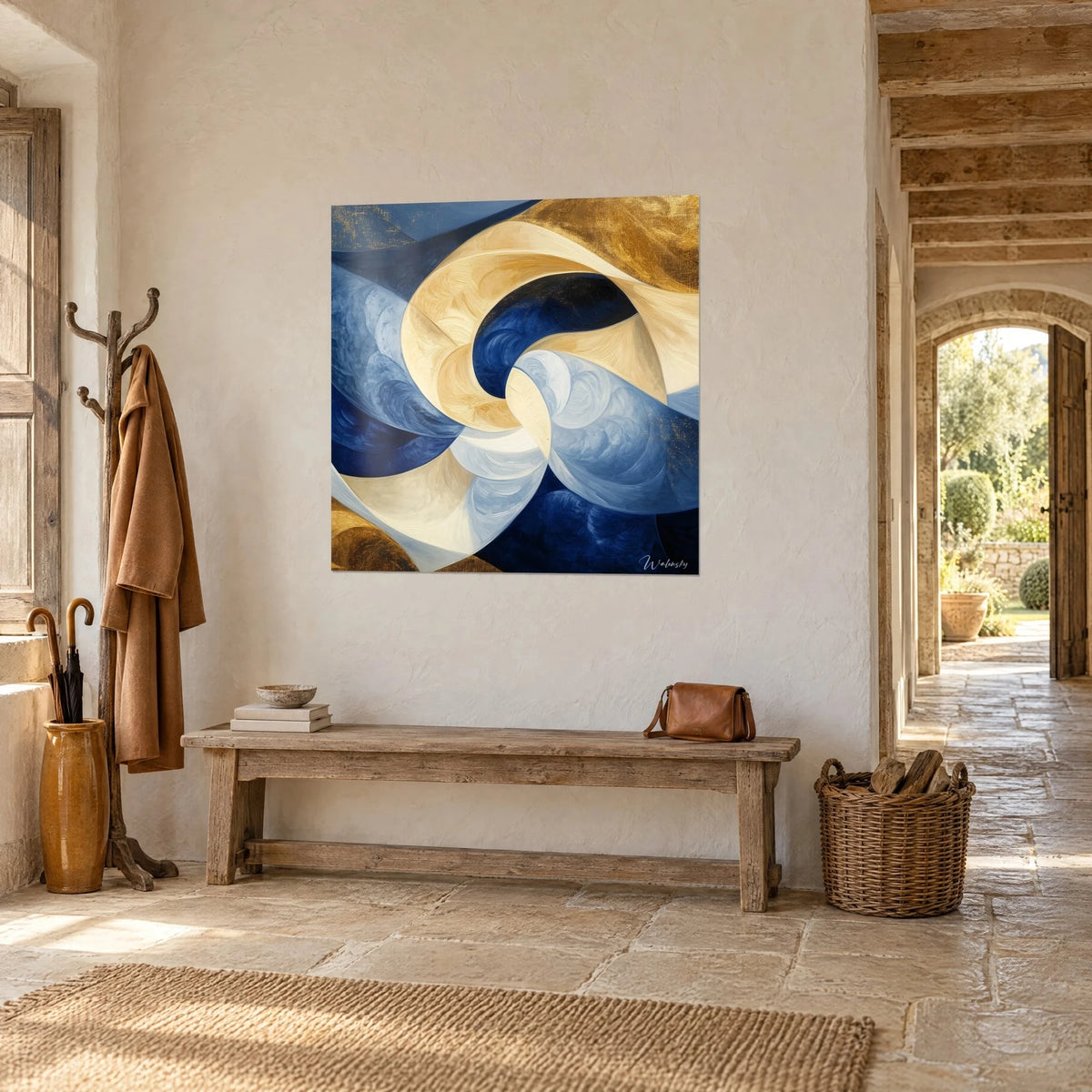 Wall art swirl of cream and navy blue scrolls, golden highlights at the top, stone wall and arched doorway opening onto the garden