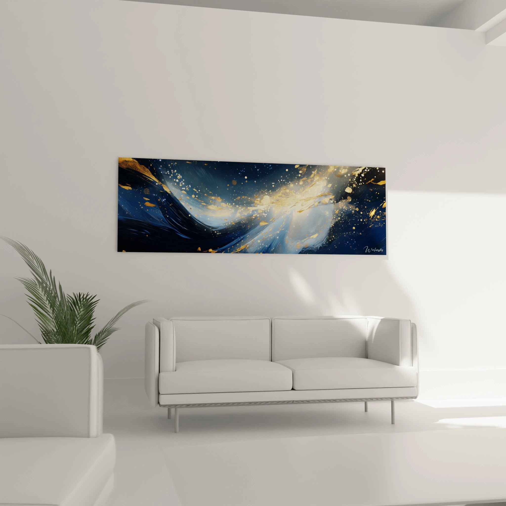 Tableau moderne abstrait de Walensky avec des ondulations bleues et dorées, parfait pour un décor contemporain