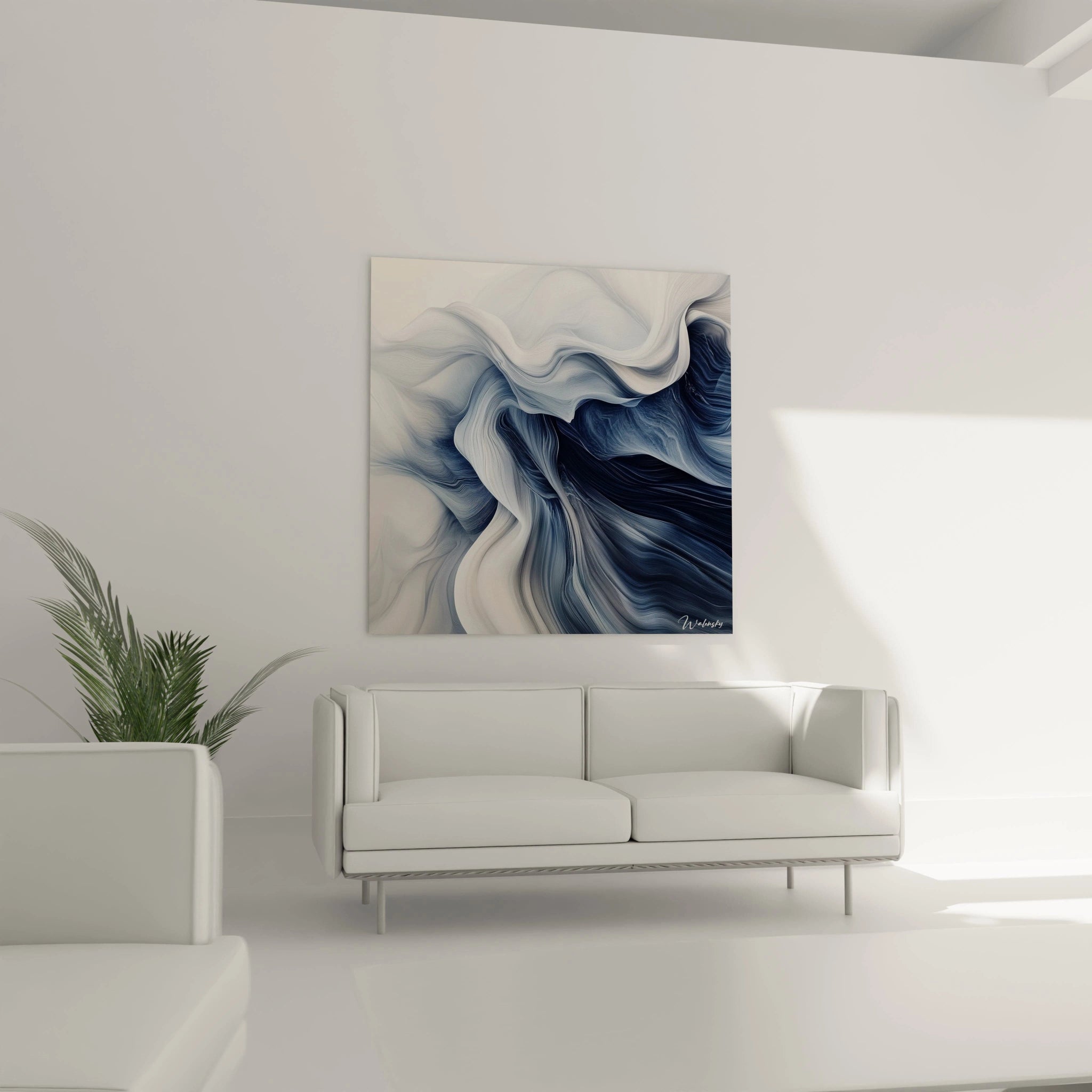 Tableau moderne abstrait de Walensky avec des vagues de bleu et de blanc pour une décoration contemporaine