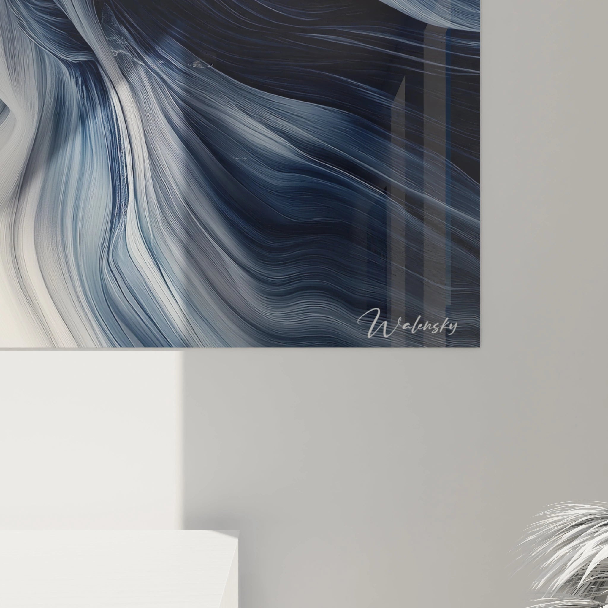 Tableau moderne abstrait de Walensky avec des vagues de couleurs bleu et blanc en mouvements fluides