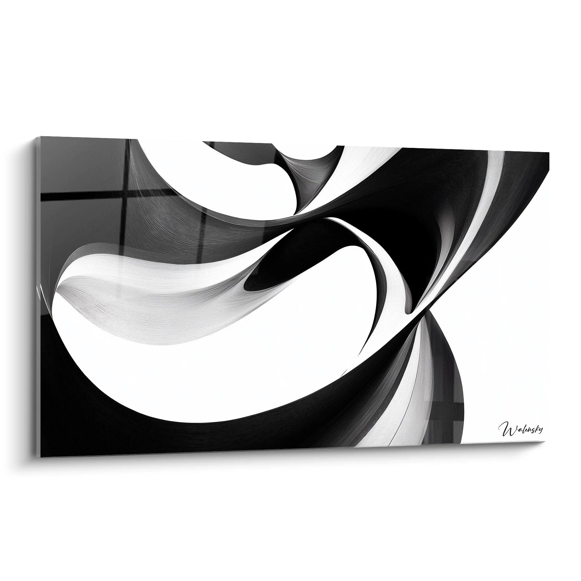 Un tableau rayures noir et blanc représentant des formes ondulantes et fluides qui s'entrecroisent, créant un effet de mouvement perpétuel. Les lignes courbes noires contrastent fortement avec le fond blanc immaculé, produisant une illusion de profondeur et de dimension tridimensionnelle.

