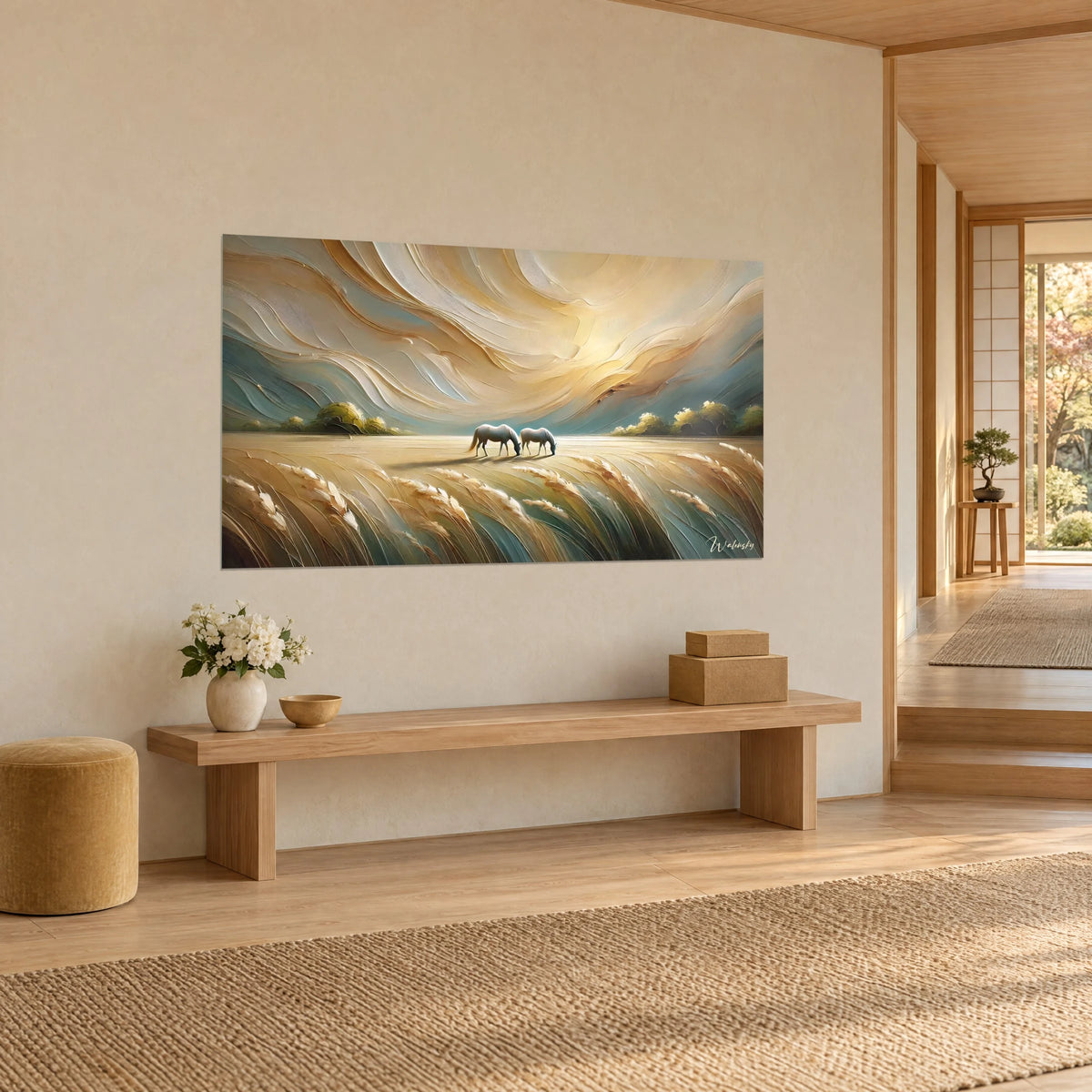 Tableau prairie d'épis dorés caressée par le vent, deux chevaux pâles à l'horizon turquoise, sur un mur beige, vue de trois-quarts