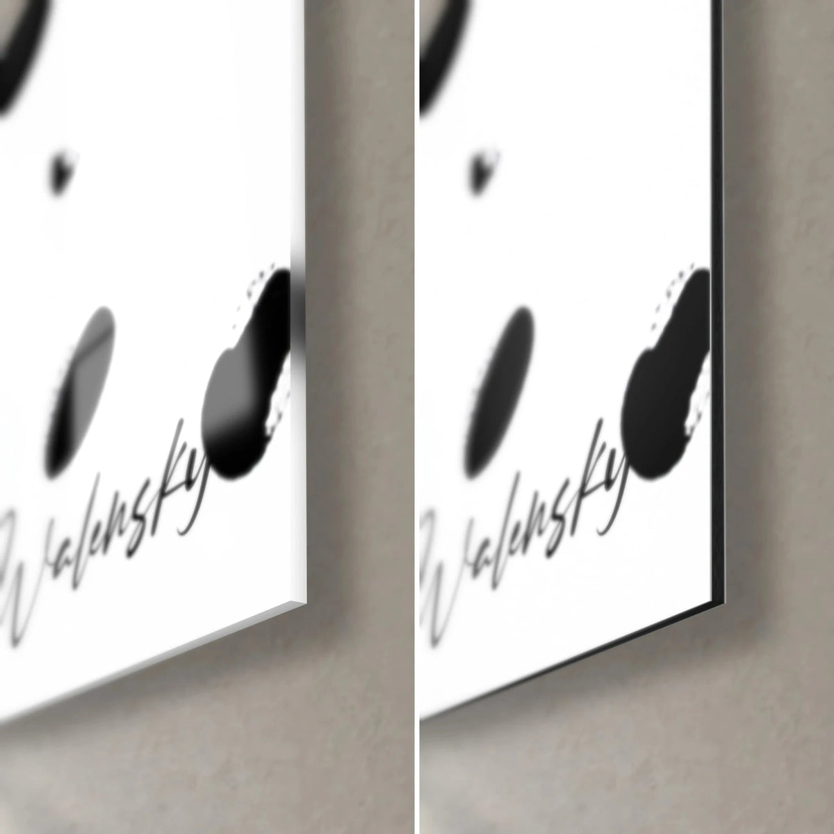 Wall art with black ink spots on white, bottom right corner: glossy acrylic glass on the left, matte Dibond aluminium on the right, black edge