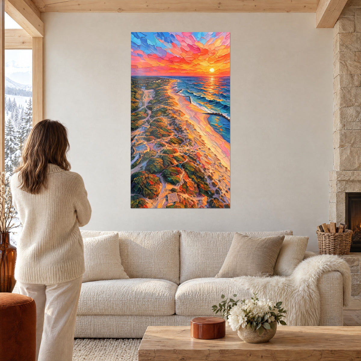 Dunes et océan de Soulac-sur-Mer en orange ardent et bleu profond, accrochés au-dessus d'un lit dans une chambre claire