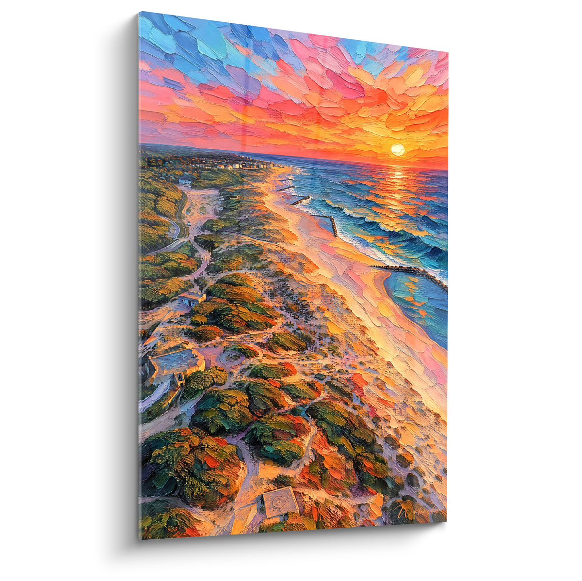 Vue aérienne de Soulac-sur-Mer peinte en orange et bleu marine, dunes et plage au couchant