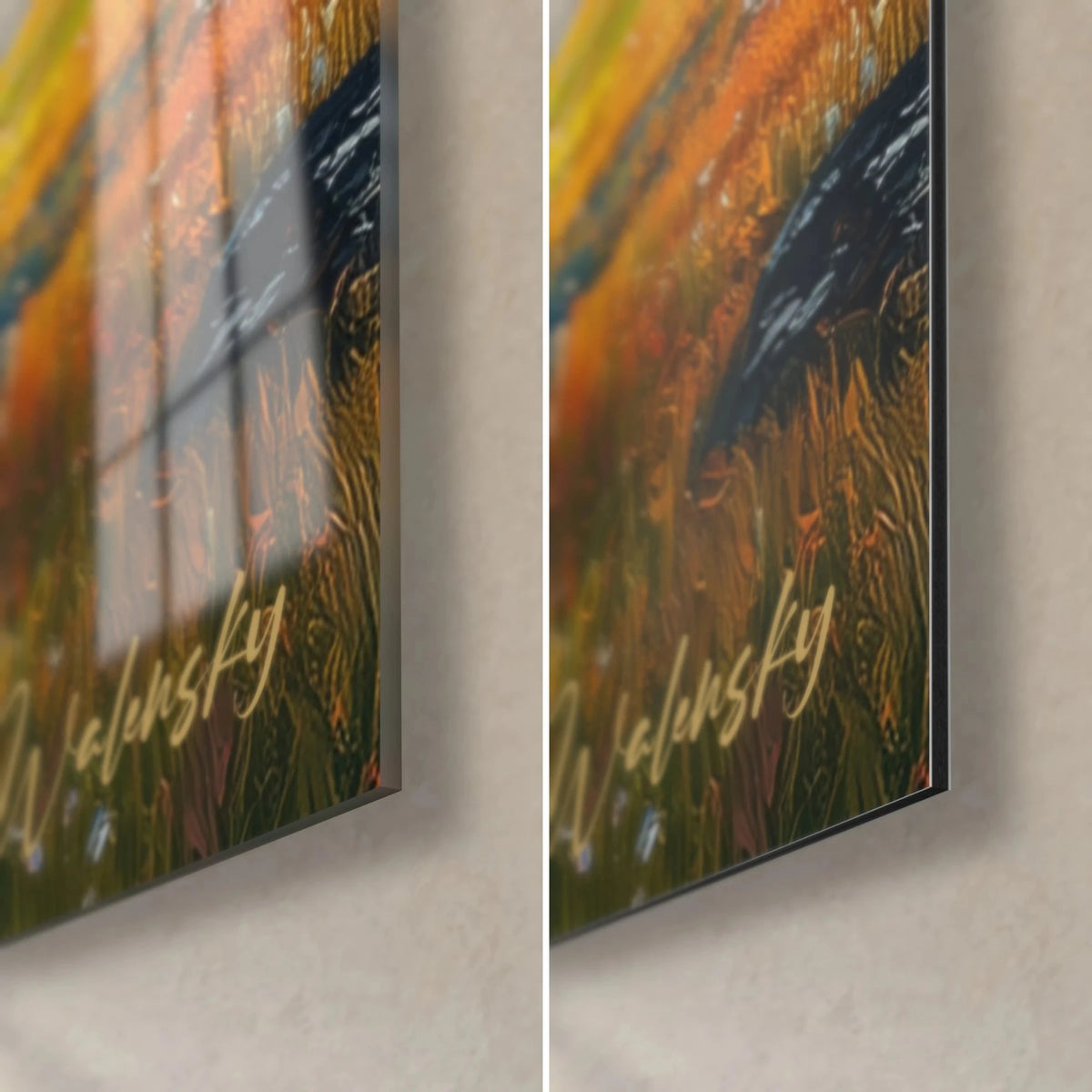 Tableau paysage alpin aux herbes orange et rouille, coin bas droit : verre acrylique brillant à gauche, alu Dibond mat à droite