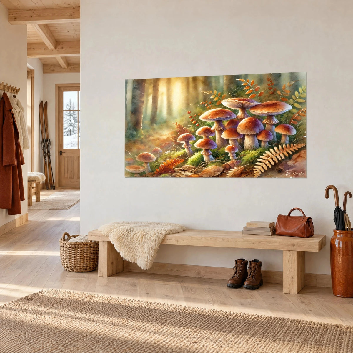 Schilderij van aquarel-eekhoorntjesbrood in het herfstlicht, oranje varens en smaragdgroen mos, driekwart gezien in een chalet van licht hout