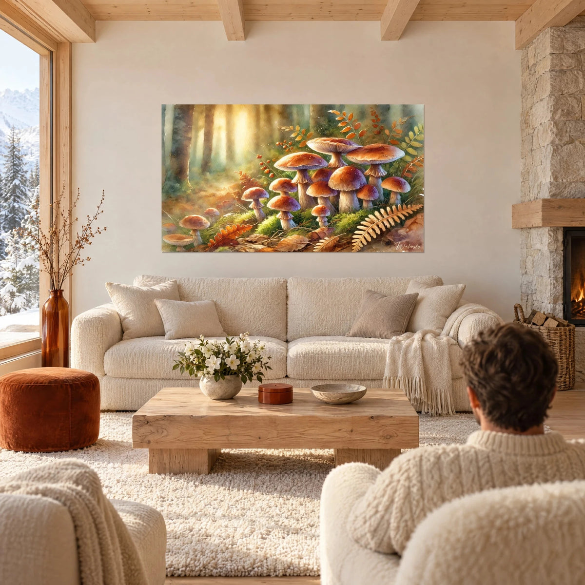 Schilderij van bruine paddenstoelen in het gouden bosondergroei, roodbruine hoeden en groen mos, een koppel van achteren boven een bank in een lichte woonkamer