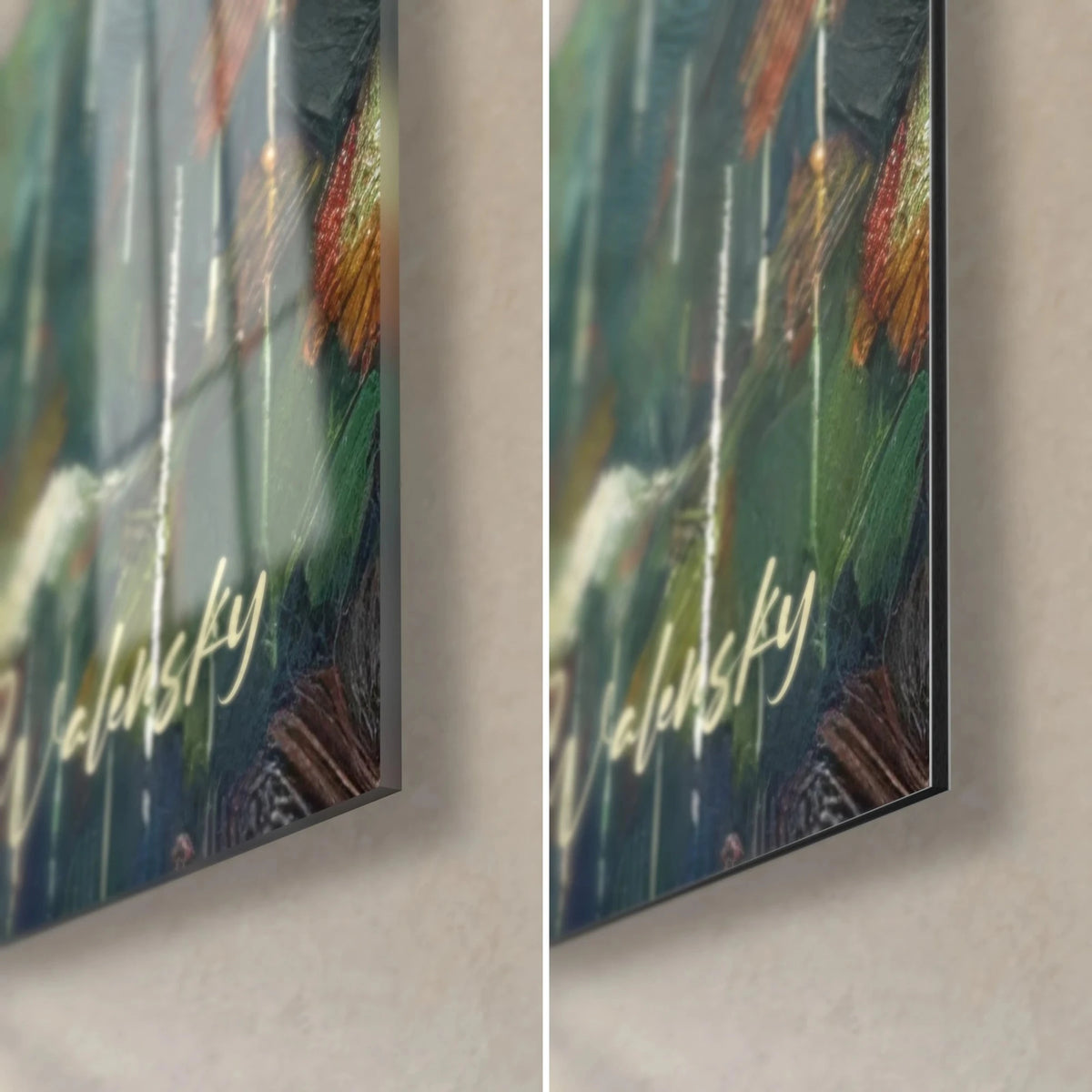 Wall art of a baby orangutan under its emerald leaf, bottom right corner in glossy glass and matte Dibond, 3 mm edge