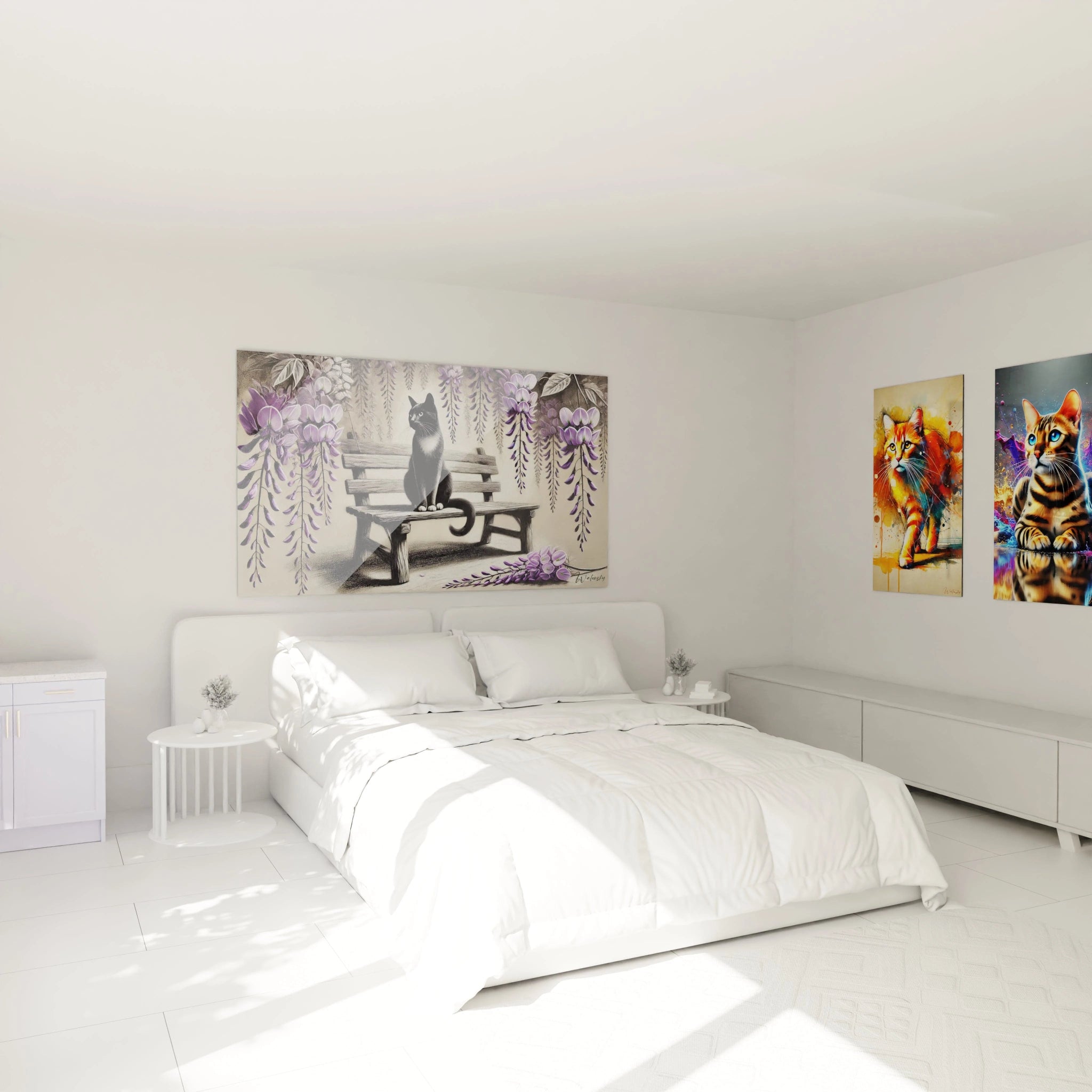 Le tableau chat, avec son chat noir et blanc parmi des glycines violettes, apporte une ambiance douce et poetique a cette chambre, parfait pour une touche artistique reposante.