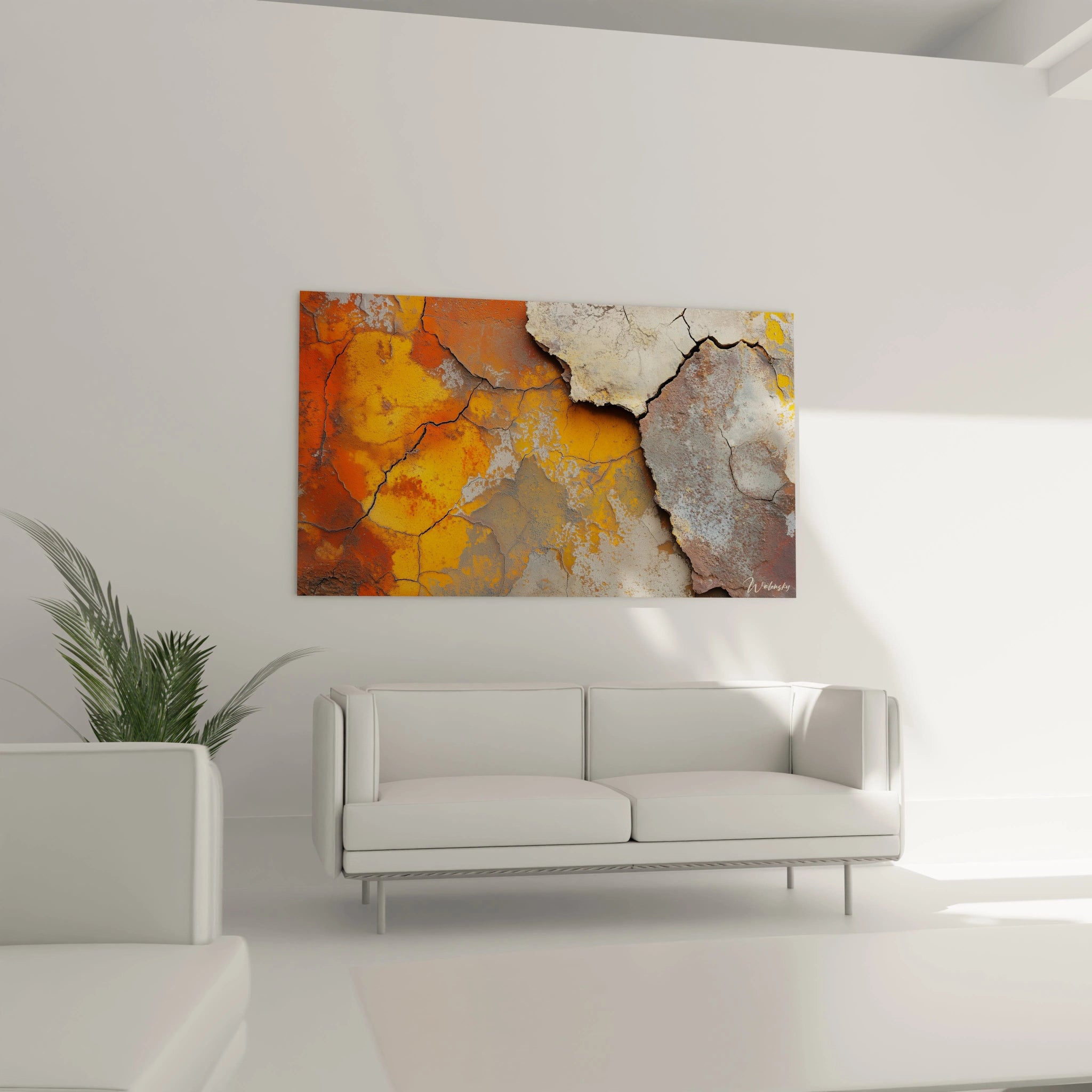 Un tableau texturé abstrait illustrant des nuances de jaune et orange sur une surface marquée de fissures, avec des textures rugueuses et un fond varié de gris et de rouge.

