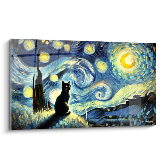 Ammira questo quadro gatto, visto di lato, che rivela i suoi dettagli magici. Il gatto nero misterioso contrasta magnificamente con un cielo stellato turbinoso, ideale per esaltare i vostri spazi artistici.