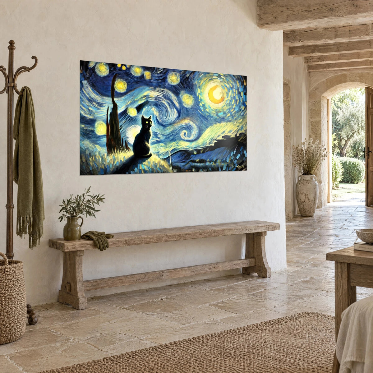 Tableau silhouette féline sombre sur colline, spirales bleu nuit et lune jaune, en pierre apparente, banc de bois