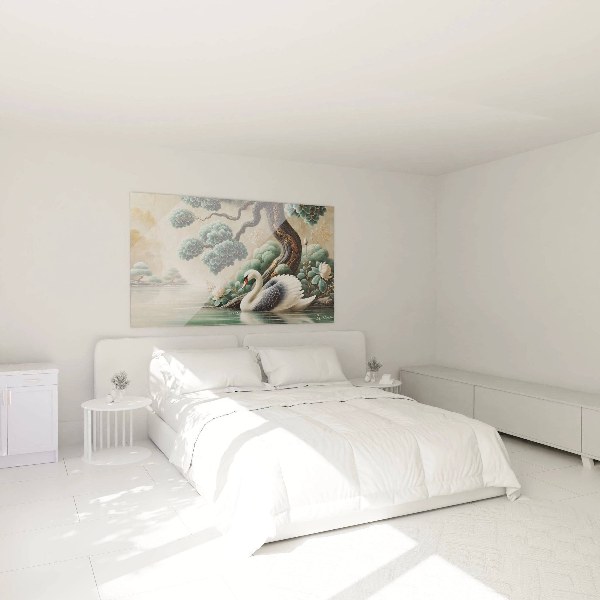decouvrez le tableau cameleon installe au dessus d un lit dans une chambre apportant calme et serenite grace a ses nuances de bleu et vert pour une ambiance propice a la detente

