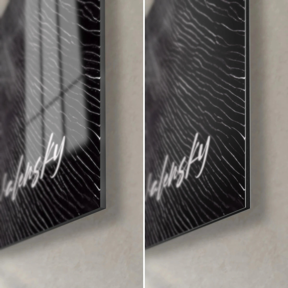 Wall art portrait in a hat, white Walensky signature, bottom right corner: glossy glass on the left, matte black Dibond on the right