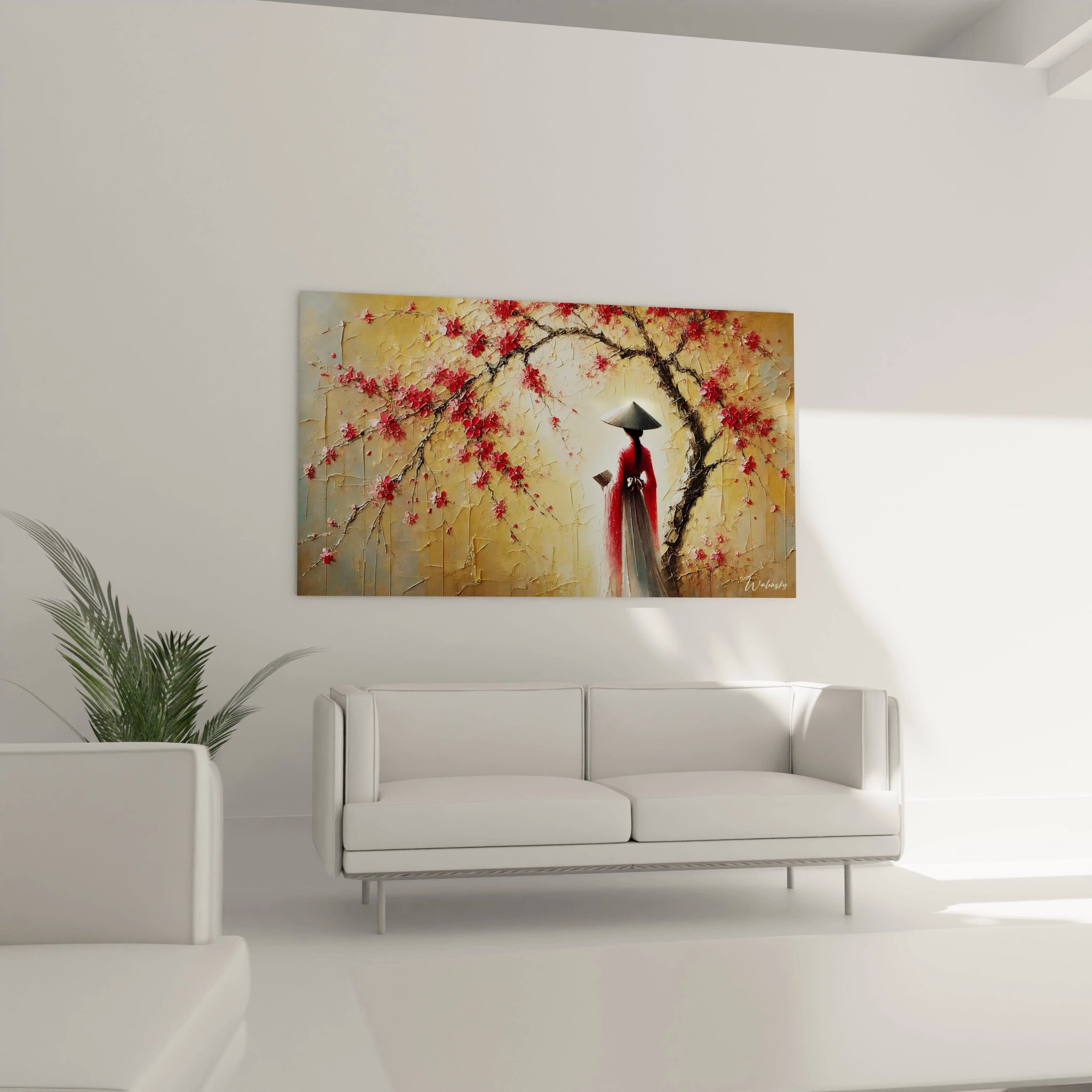 Tableau chinois au mur dans le salon, au-dessus du canapé. Cette scene paisible de femme en kimono sous un cerisier en fleurs ajoute une touche de serenite a la decoration interieur contemporaine.

