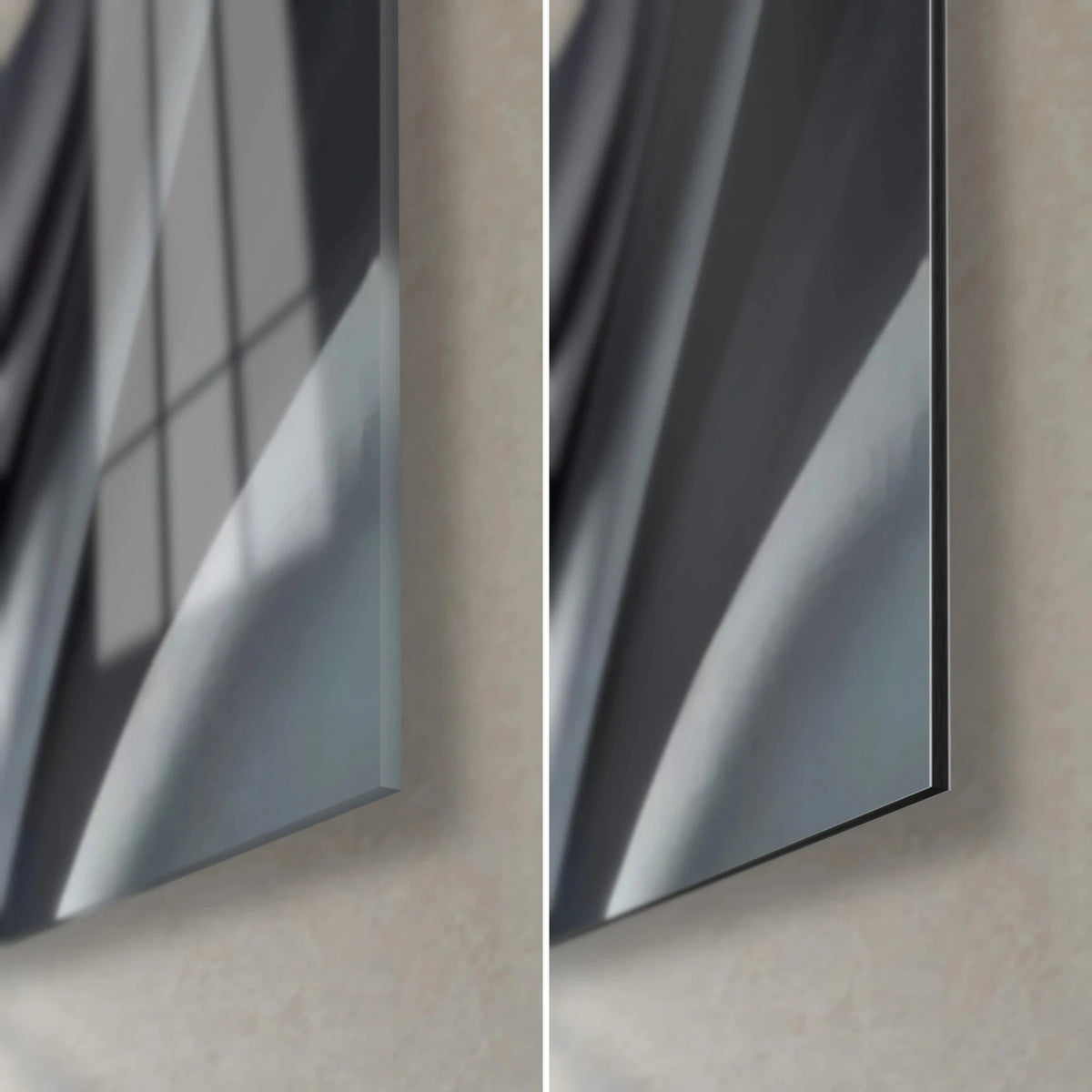 Tableau forme enveloppée de drapé gris acier et blanc, coin bas droit, verre acrylique brillant à gauche, Dibond noir mat à droite
