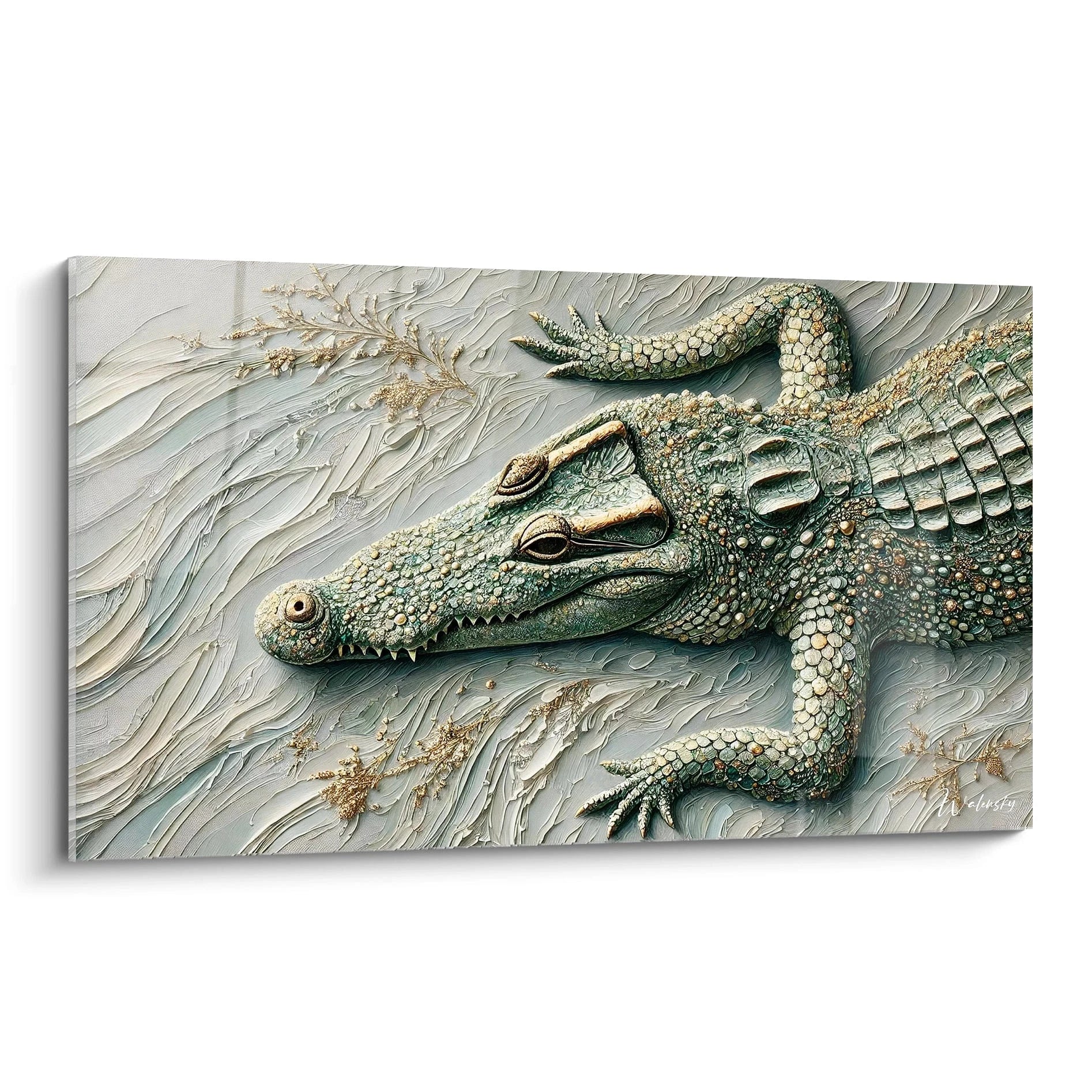 Admirez ce tableau crocodile sous un angle unique ou chaque detail est magnifie. La texture subtile et les ecailles en relief creent une presence captivante dans n'importe quel espace.

