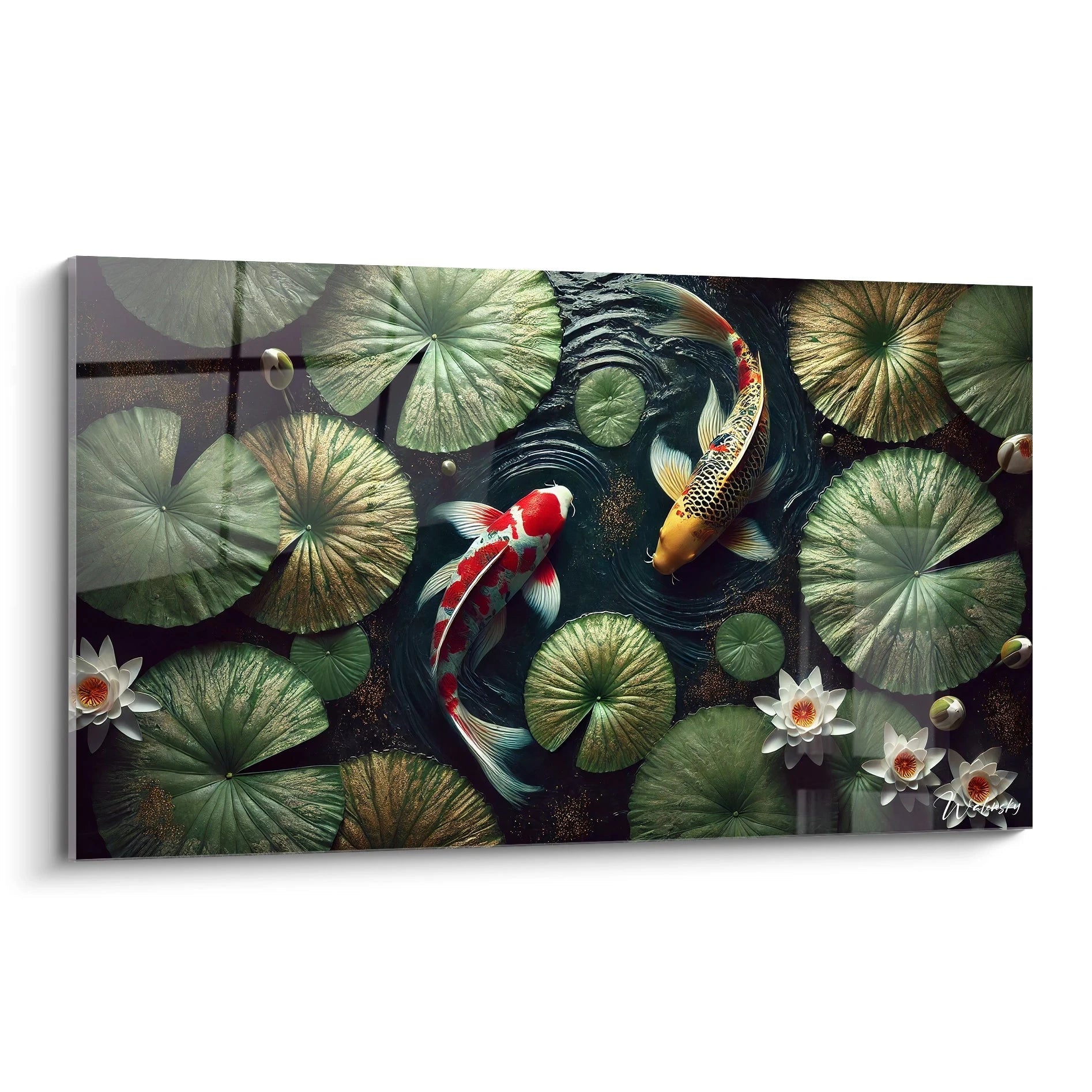 Admirez la beauté de ce tableau koi, inspiré par la sérénité des jardins japonais. Une œuvre qui invite à la contemplation avec ses carpes aux teintes rouges et or.

