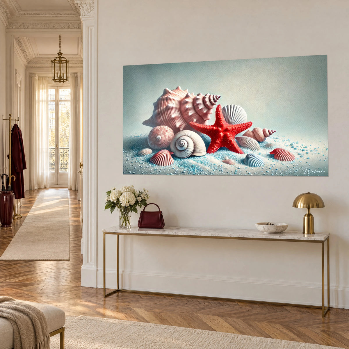 Gemälde Korallenseestern zwischen rosa perlmuttschimmernden Muscheln auf blauen Körnchen, Dreiviertelansicht, vergoldete Konsole