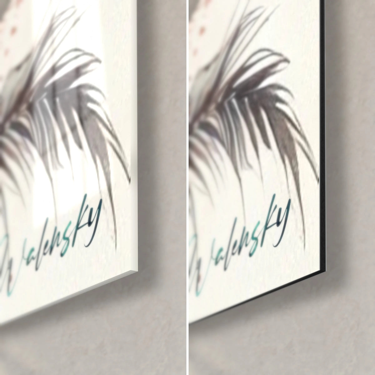 Schilderij palmboom gesigneerd Walensky, rechtsonder: bruin palmblad, glanzend glas dat links weerkaatst, mat zwart Dibond rechts