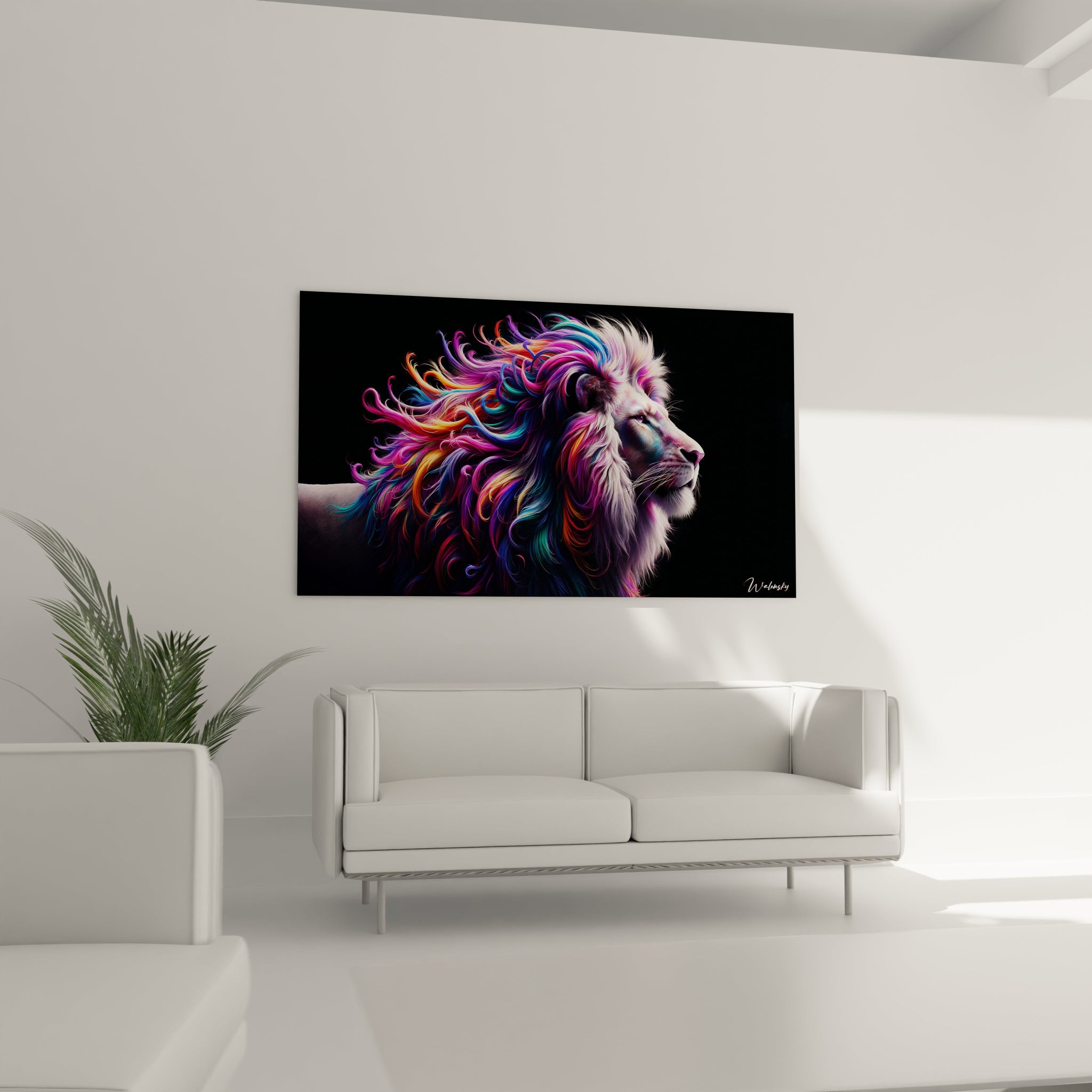 Un tableau d'animal montrant un lion blanc vu de profil avec une crinière aux couleurs vibrantes. Le visage finement détaillé présente des reflets subtils de rose et violet, tandis que la crinière volumineuse explose en mèches colorées rose fuchsia, violet, bleu, turquoise et orange. La texture des poils ondulants crée un effet de mouvement sur fond noir.

