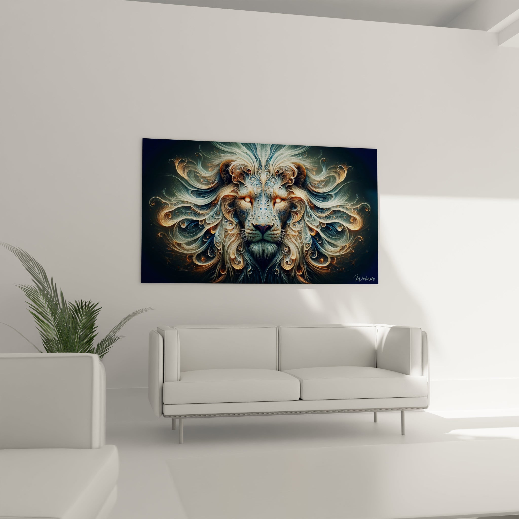 Un tableau d'animal montrant un lion dont le pelage est entièrement composé de courbes et volutes ornementales. Les textures ondoyantes blanc-bleu et dorées créent des motifs symétriques complexes qui s'étendent depuis le visage. Les yeux ambrés brillants et le museau sombre ancrent cette composition abstraite dans une représentation féline identifiable.
