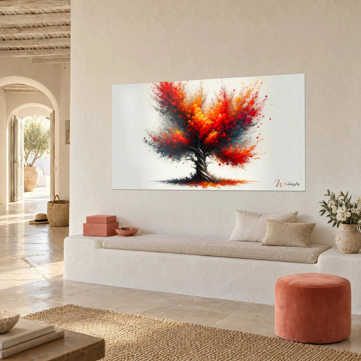 Wall art blazing oak in splashes of red and yellow paint on a white background, three-quarter view above a white plaster bench
