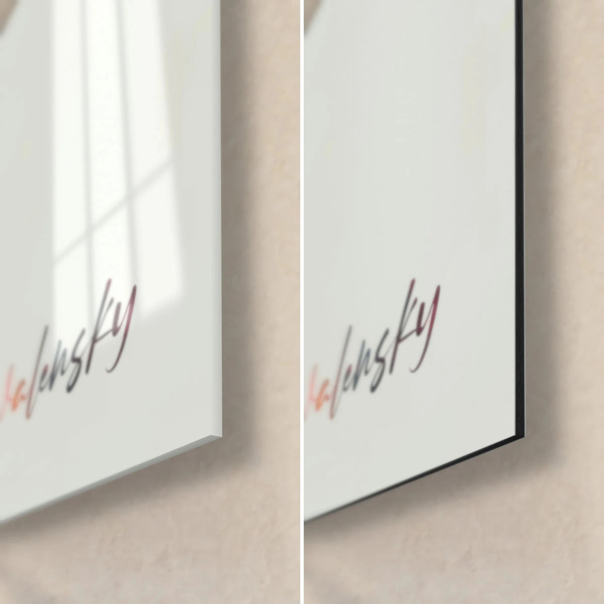 Wall art autumn tree in red and orange bursts, bottom right corner: glossy acrylic glass on the left, matte black Dibond aluminium on the right, 3 mm edge