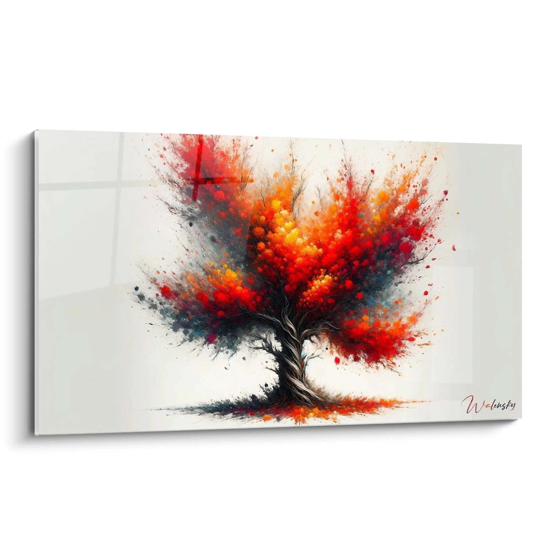Tableau abstrait représentant un arbre aux couleurs flamboyantes sur fond blanc. Tronc torsadé brun-gris avec feuillage explosif de rouge vif, orange éclatant et noir profond. Texture dynamique combinant éclaboussures, points et traits fins créant un effet d'éclatement. Composition centrée avec silhouette d'arbre au feuillage automnal suggéré par projection de couleurs.
