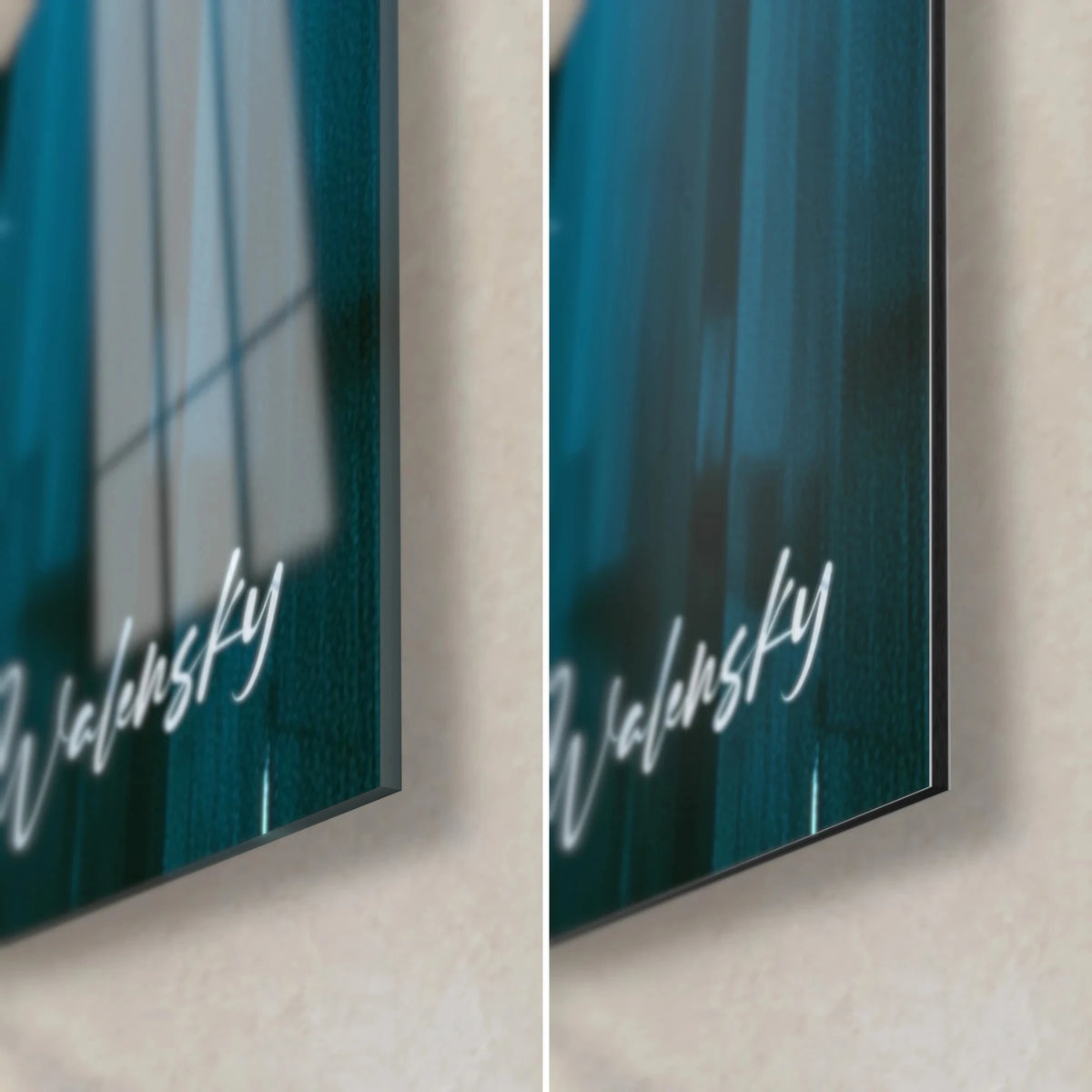 Wall art urban painting in petrol blue and white, Walensky signature, bottom right corner in glossy acrylic glass and matt Dibond aluminium, 3 mm edge