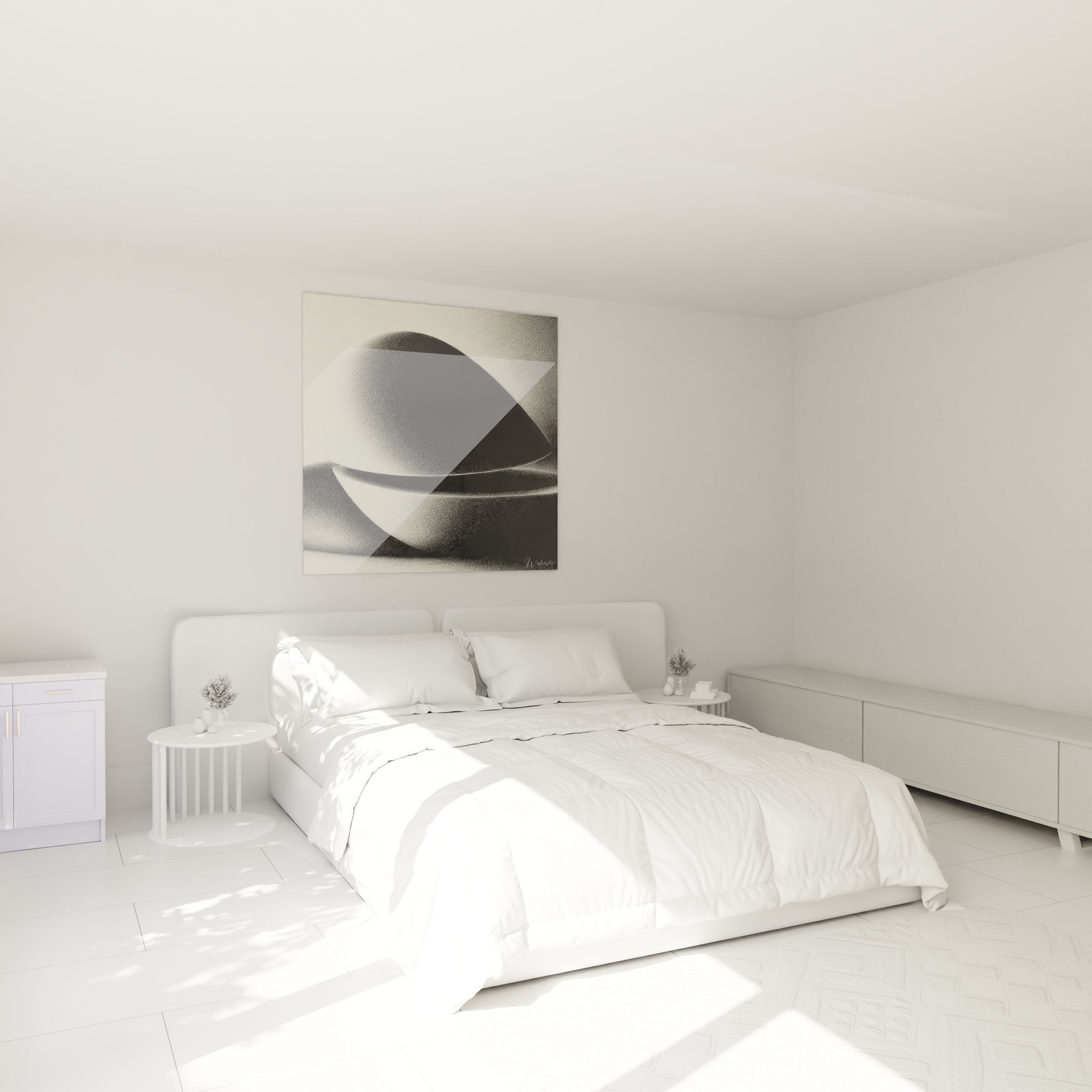 Tableau sphère abstraite géométrique dans chambre moderne décoration murale contemporaine ambiance