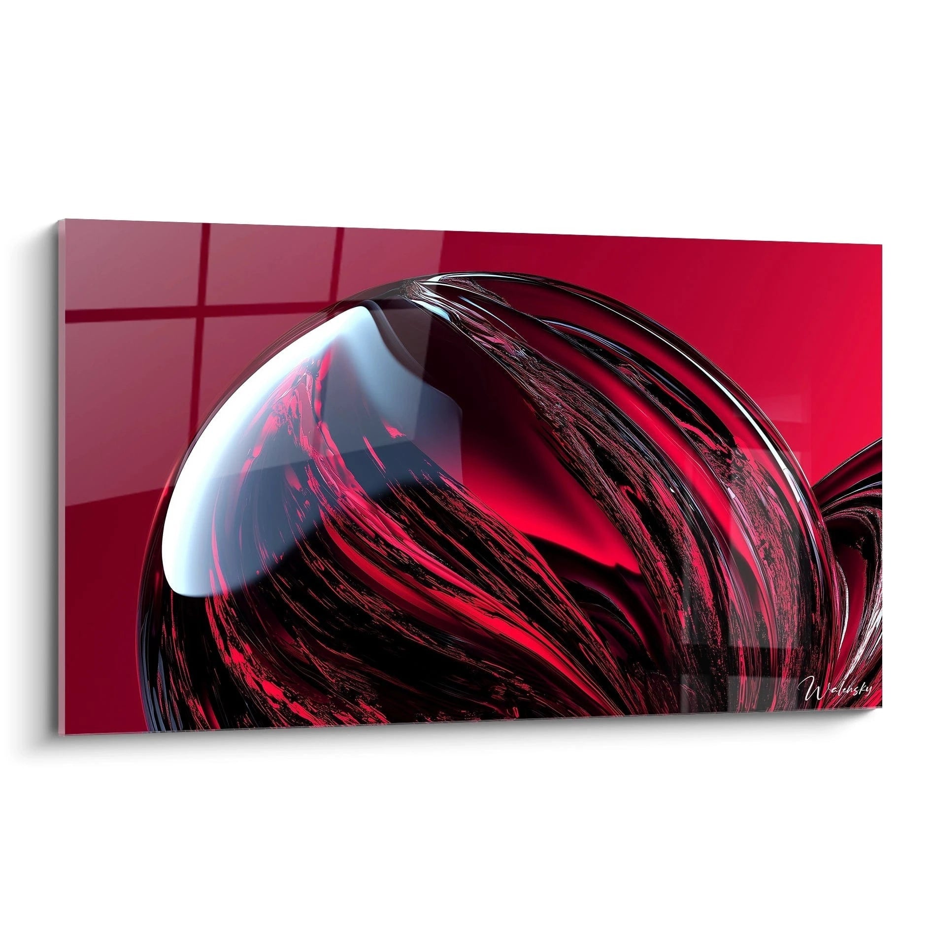 Un tableau futurisme abstrait montrant des formes fluides avec des teintes rouges vives, noires et blanches, et des textures lisses réfléchissantes.
